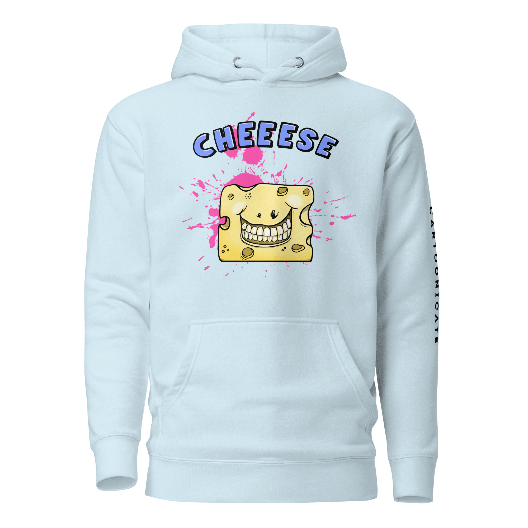 Funny cartoon cheese smiling on light blue hoodie