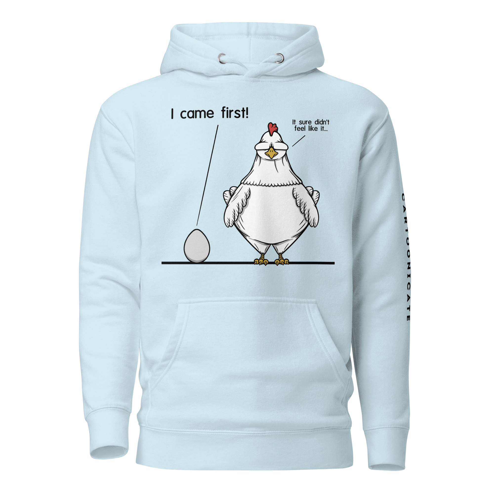 drawing of chick and egg in cartoon style on light blue hoodie