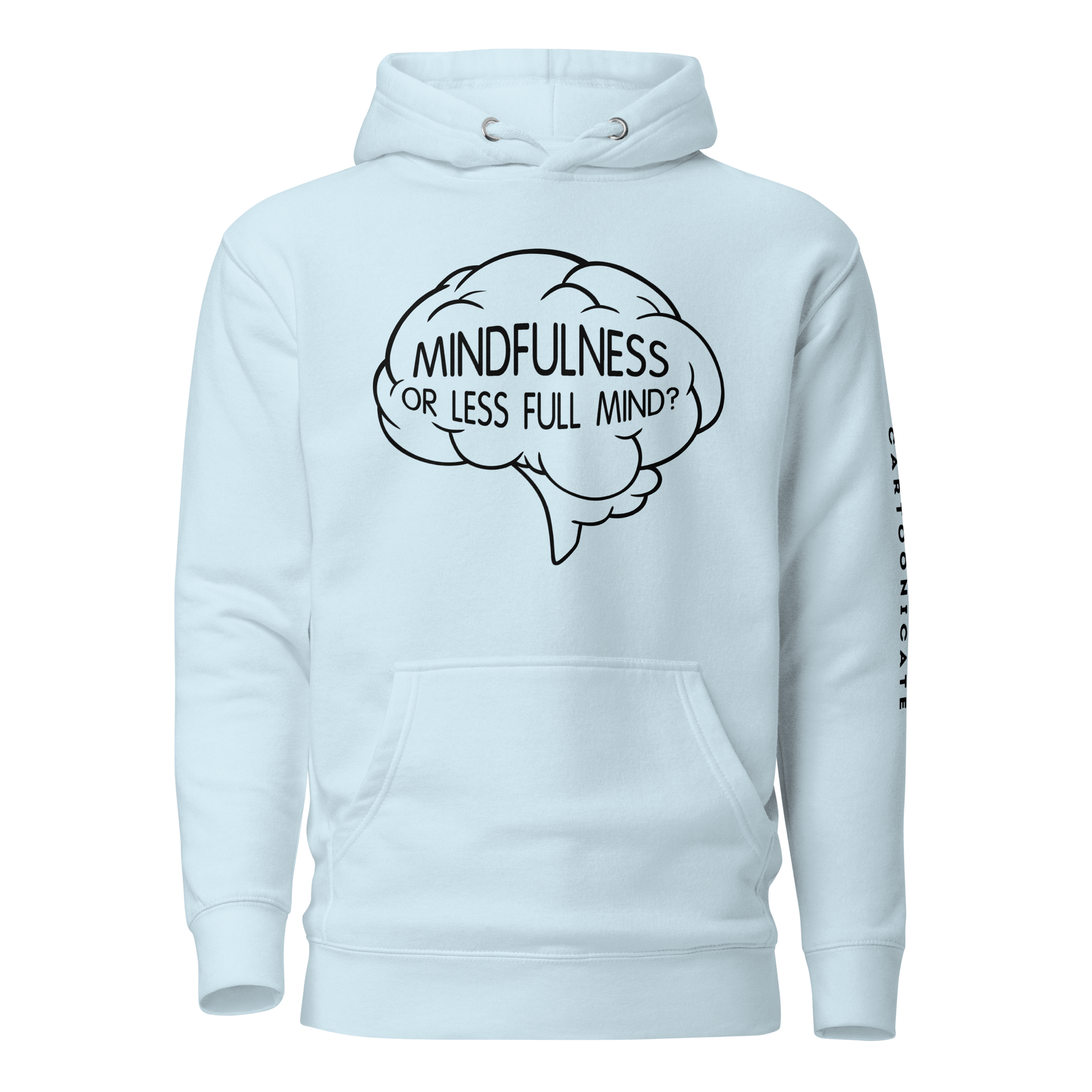 full mind cartoon brain on light blue hoodie