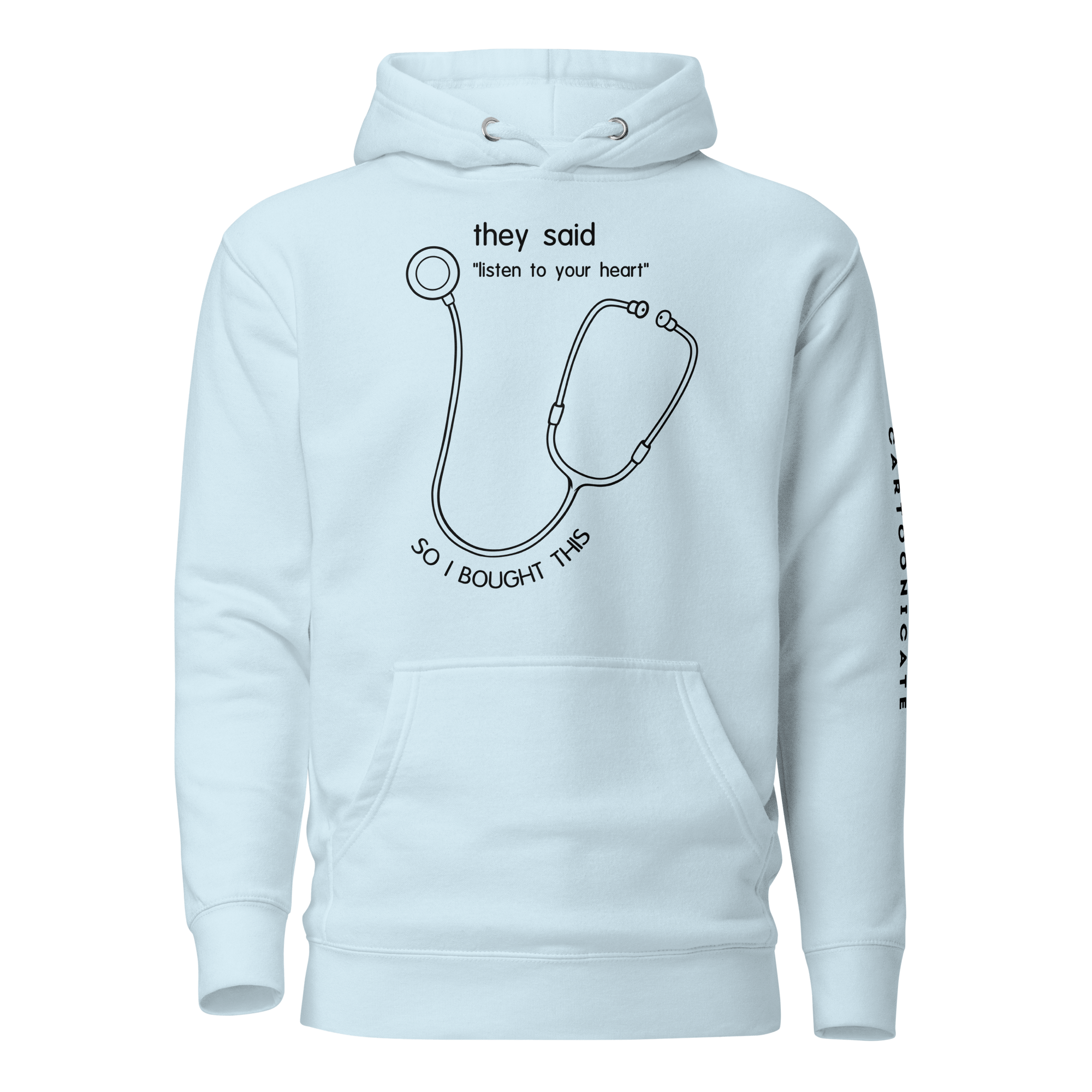 funny stethoscope drawing in cartoon style on light blue hoodie