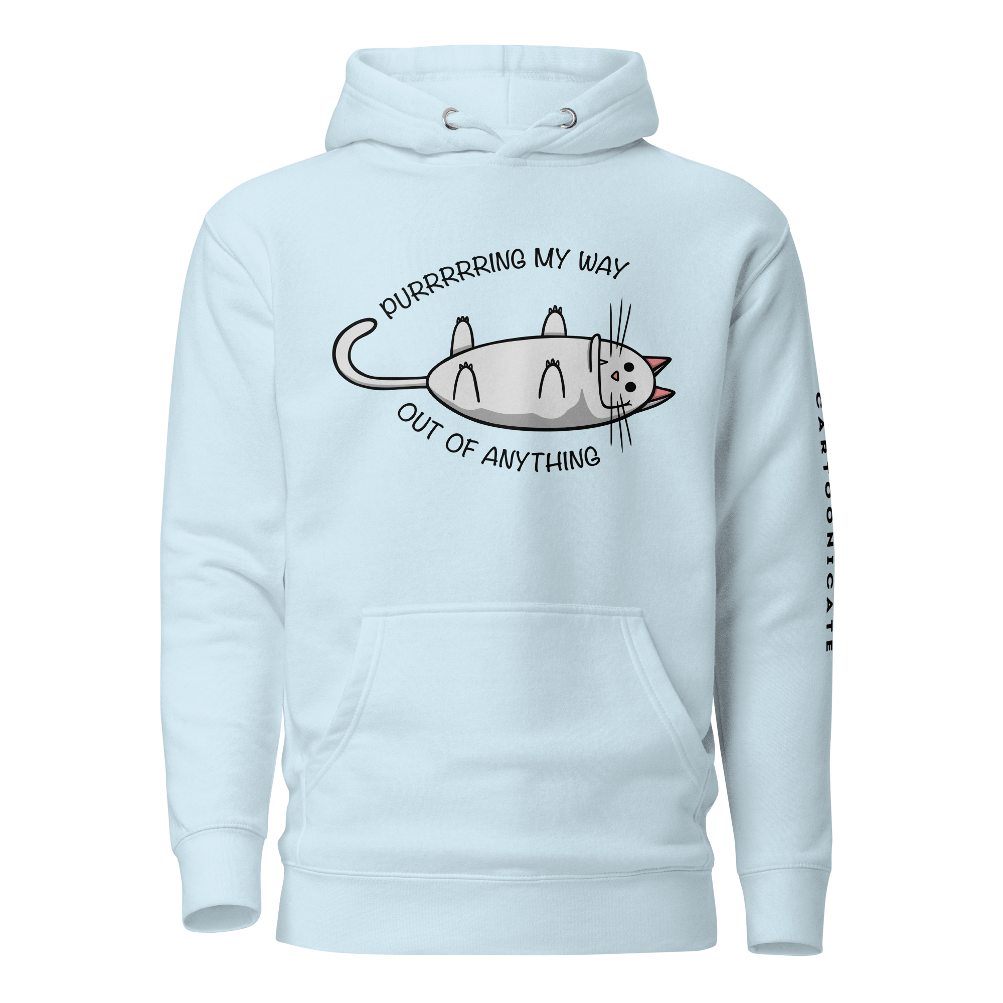 purring pussycat in cartoon style on light blue hoodie