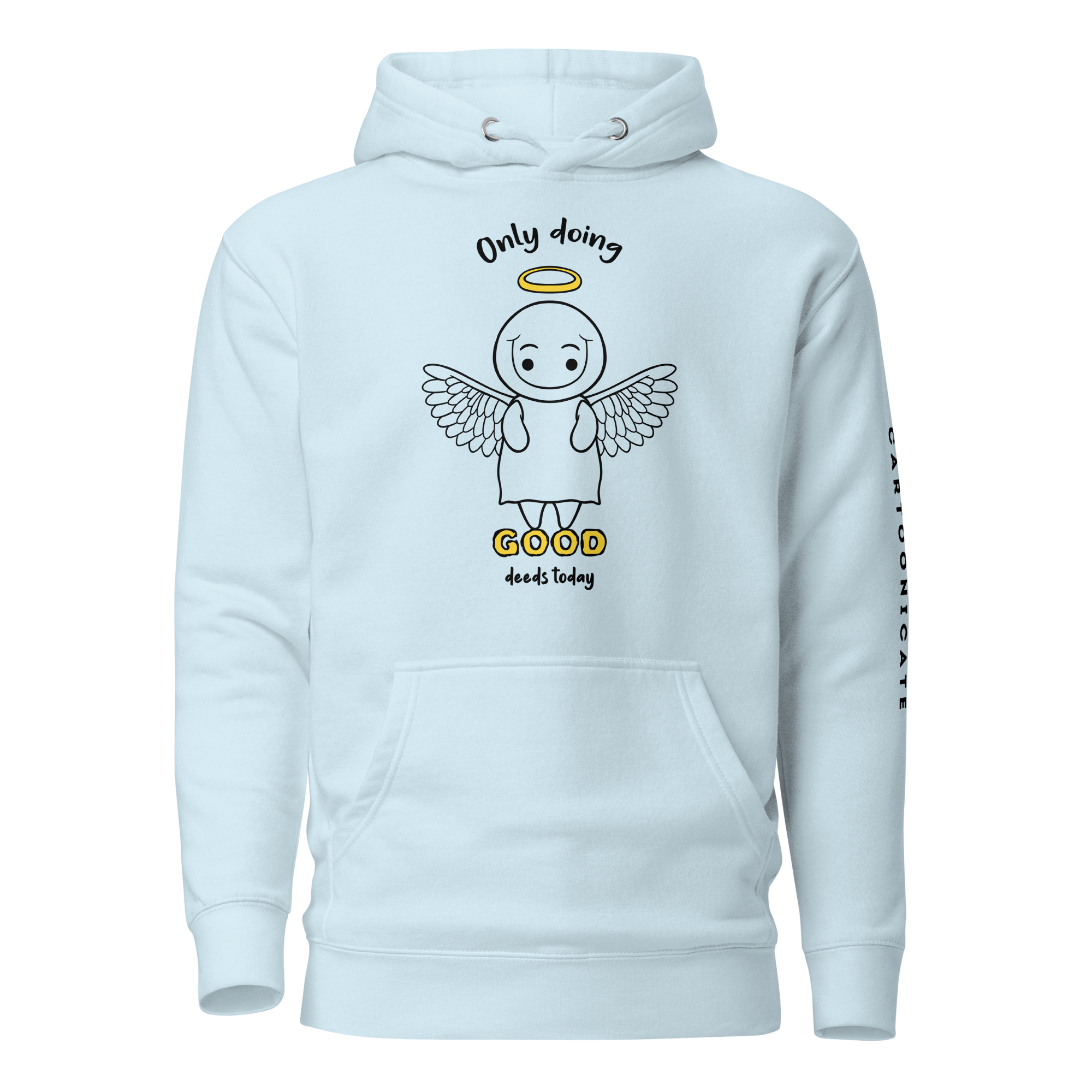 Cute angel in cartoon style on light blue hoodie