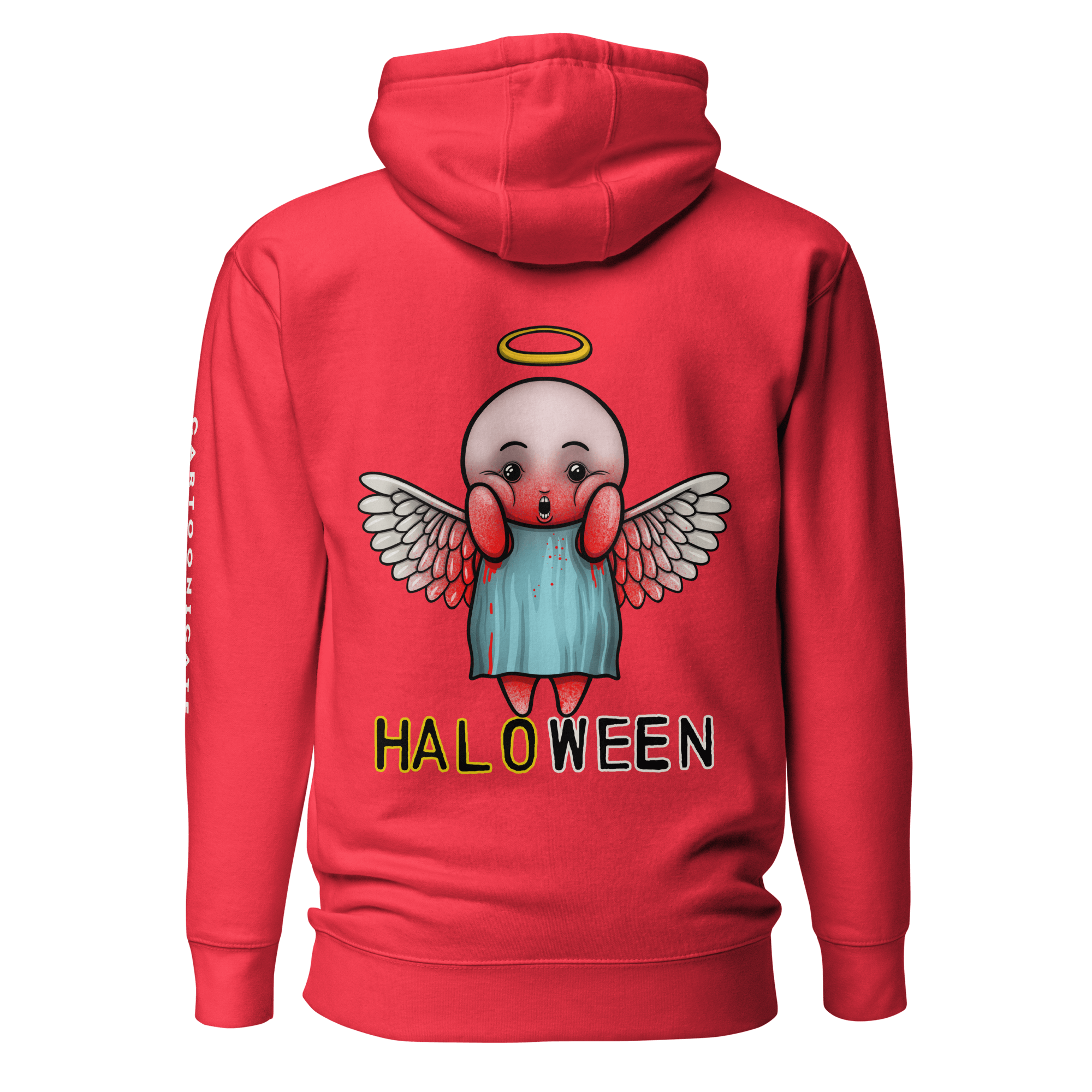 Red hoodie with cartoon angel with halo and blood