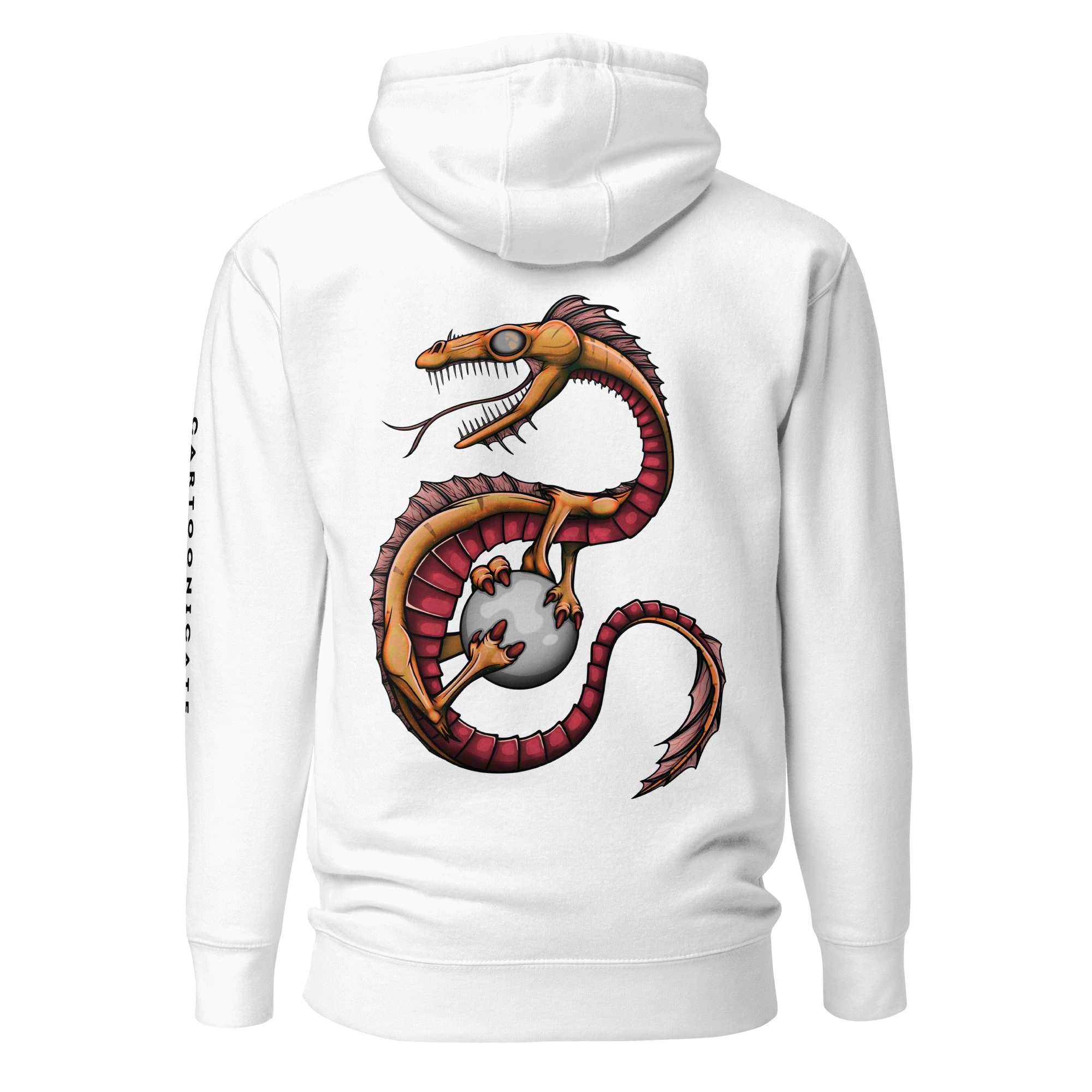 white hoodie with cool dragon design