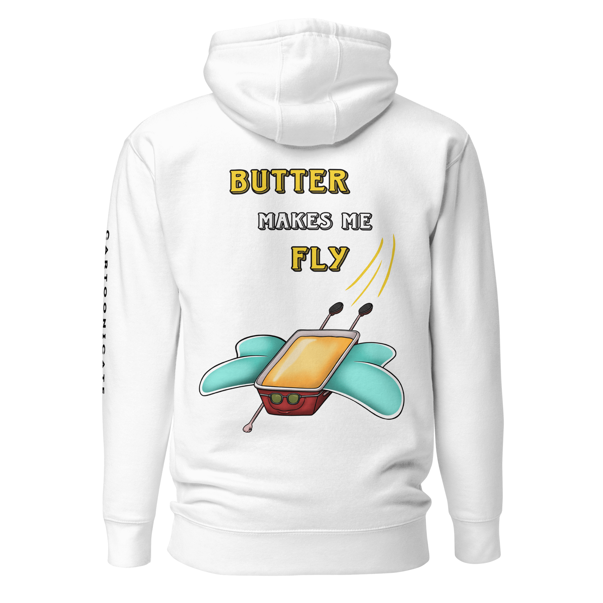 white hoodie with funny cartoon drawing of butterfly