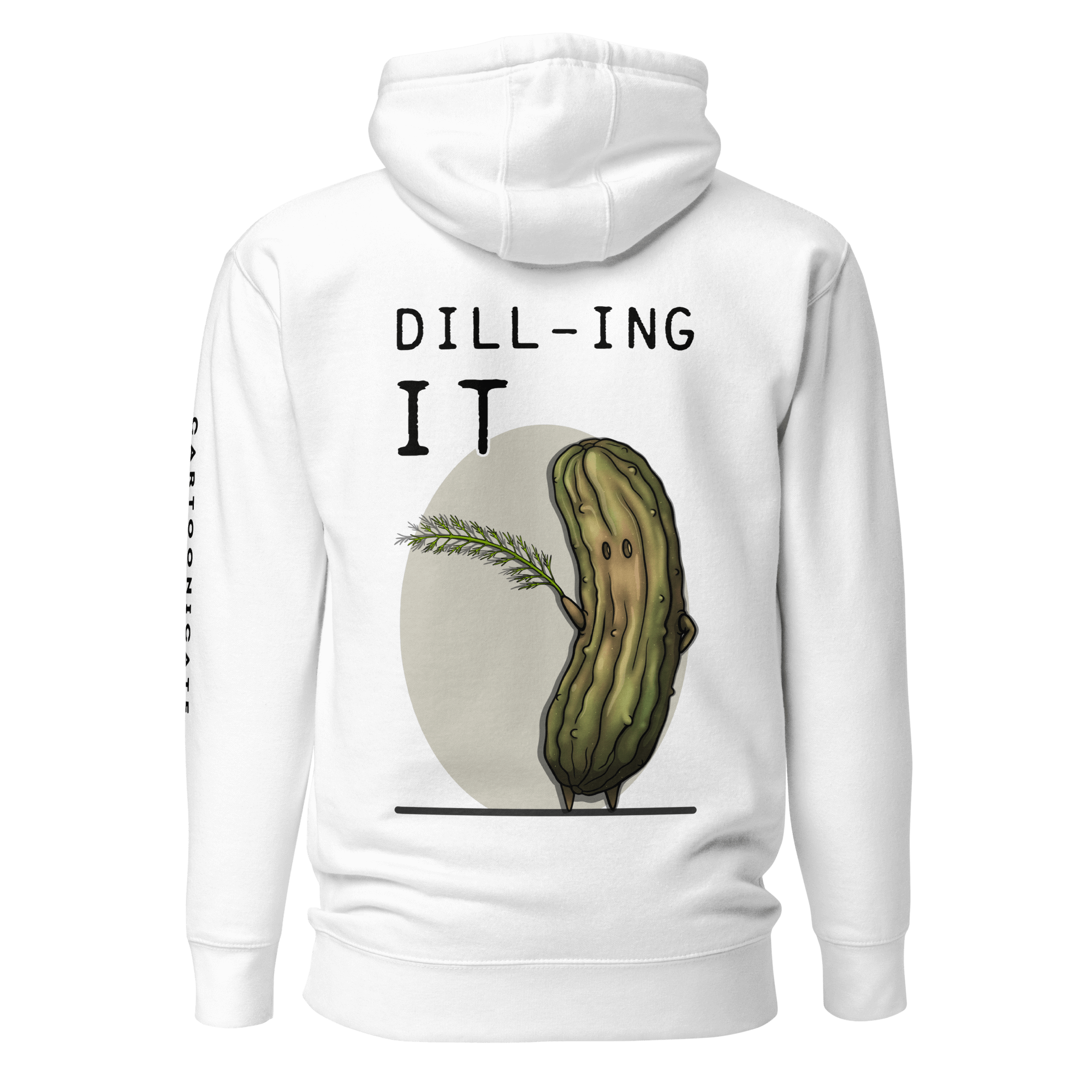 dill and pickle cartoon drawing on white hoodie