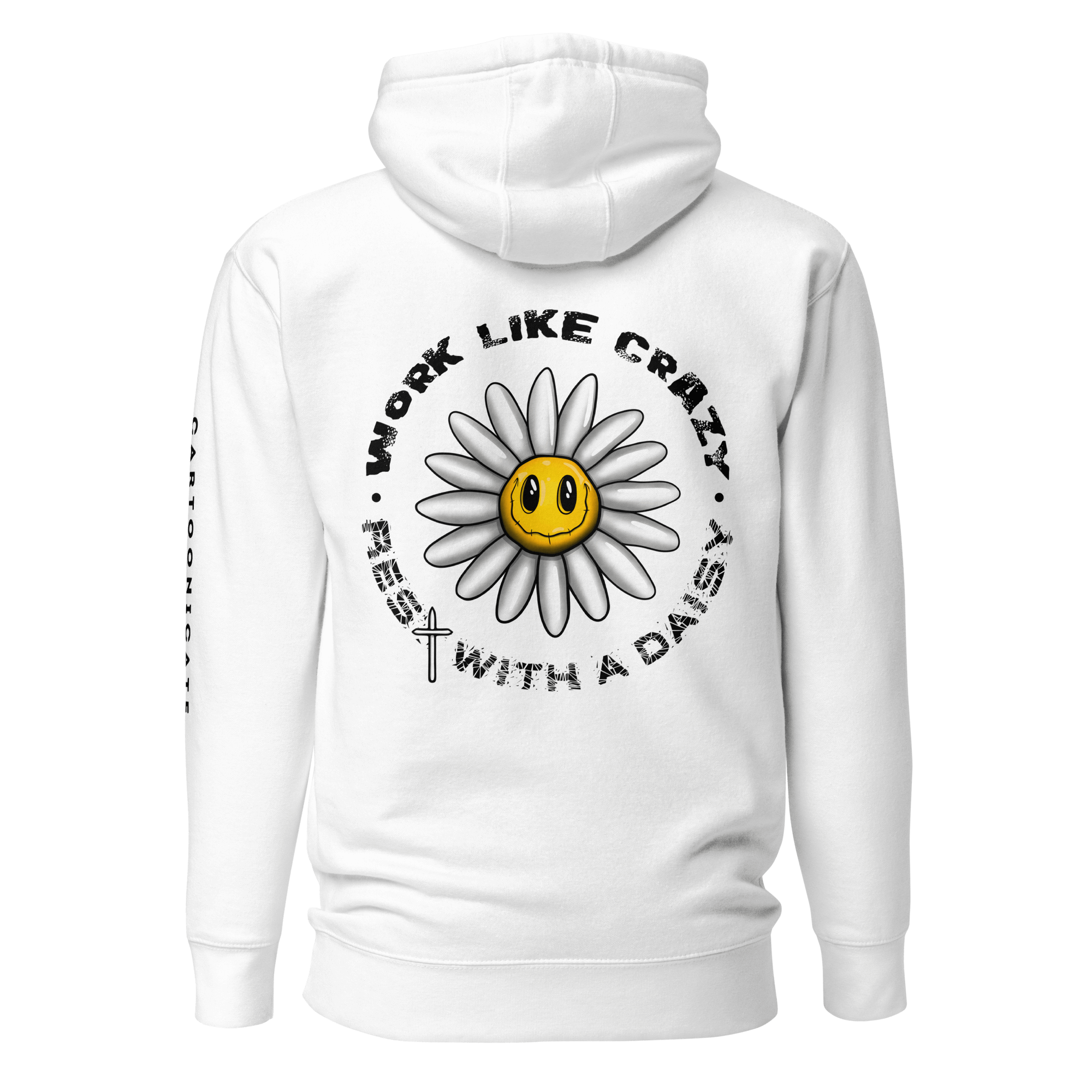 white hoodie with funny cartoon daisy design