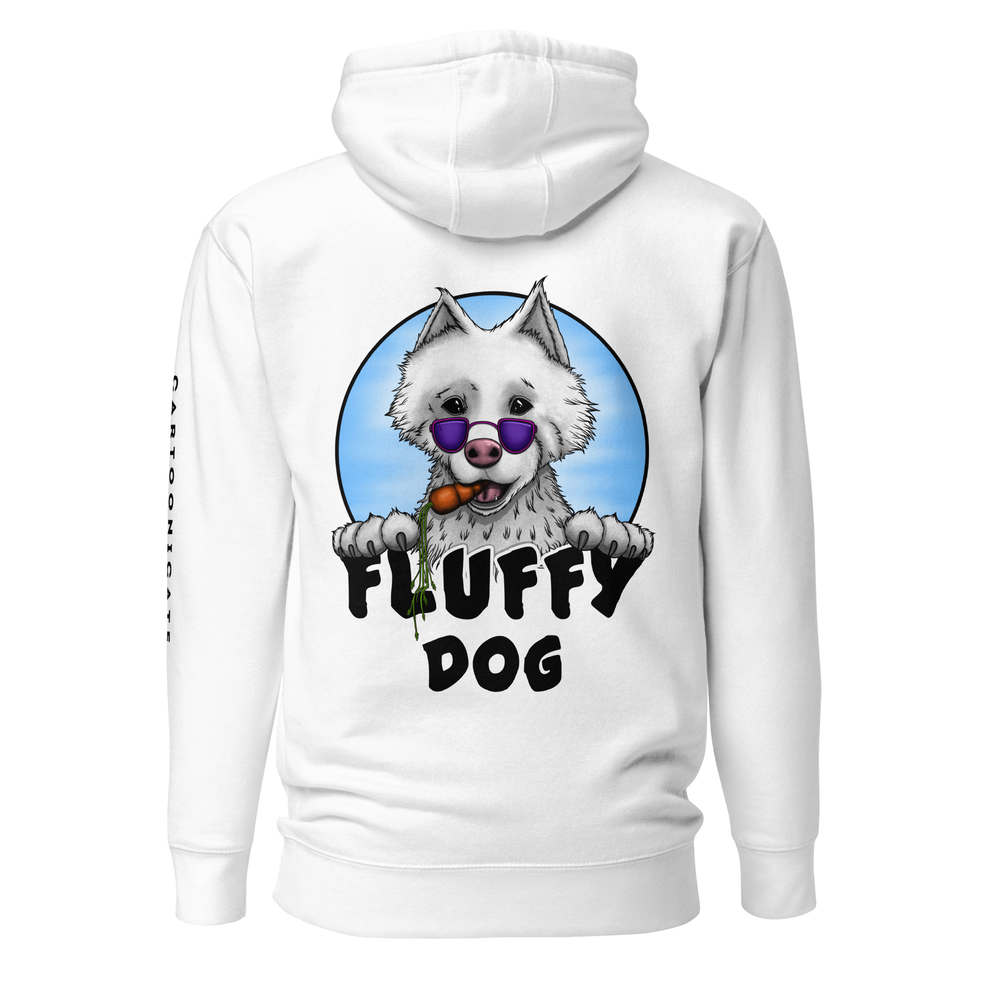 white hoodie with cool cartoon dog drawing