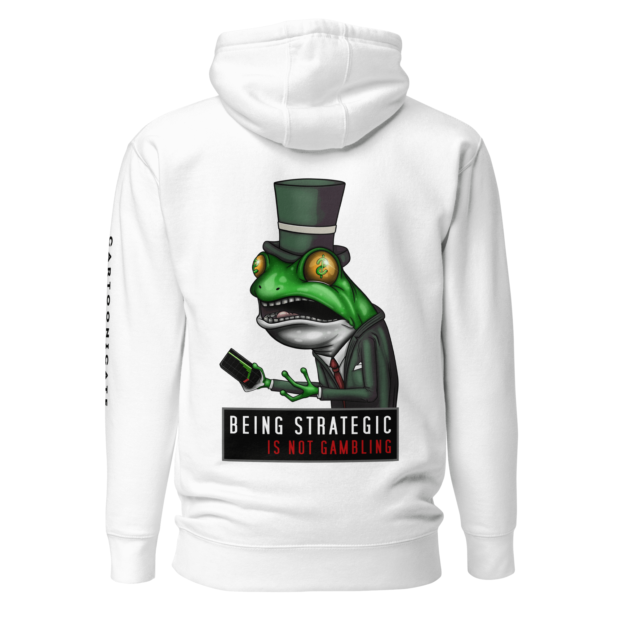 investor dapper frog cartoon on white hoodie