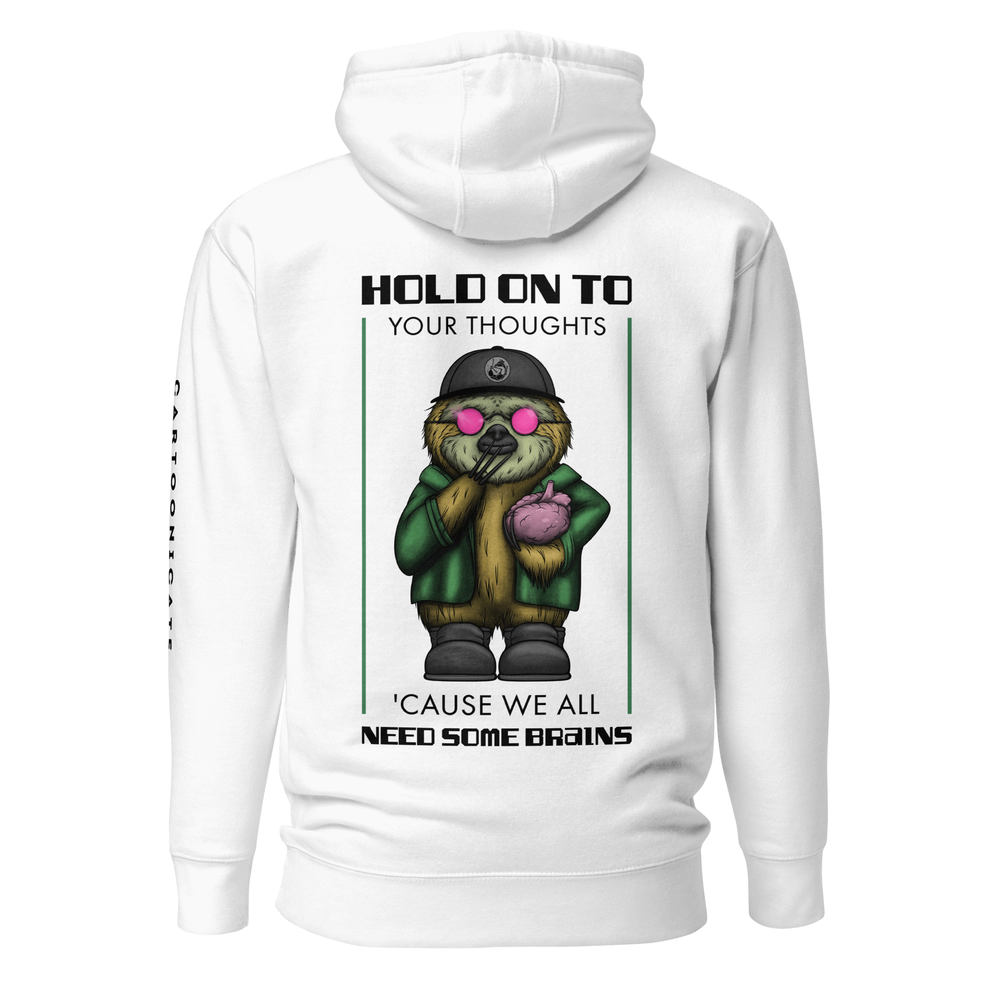 white hoodie with a cartoon sloth wearing pink sunglasses