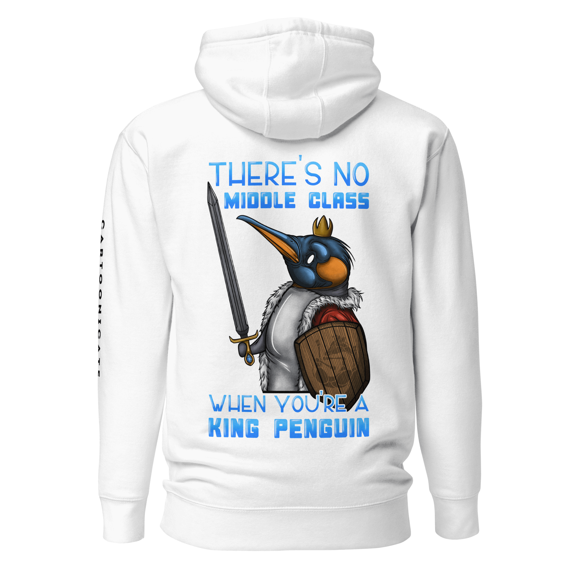 white hoodie with funny cartoon penguin and sword