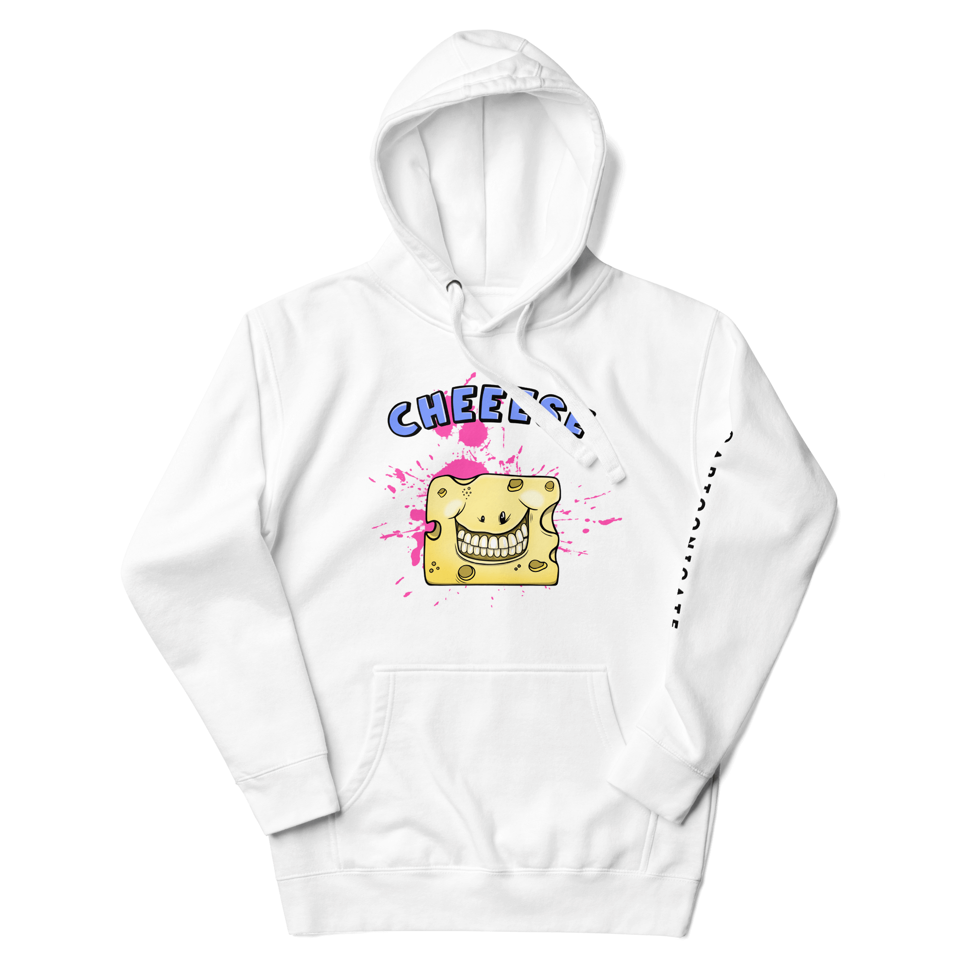 cute smiling cheese in cartoon style on white hoodie