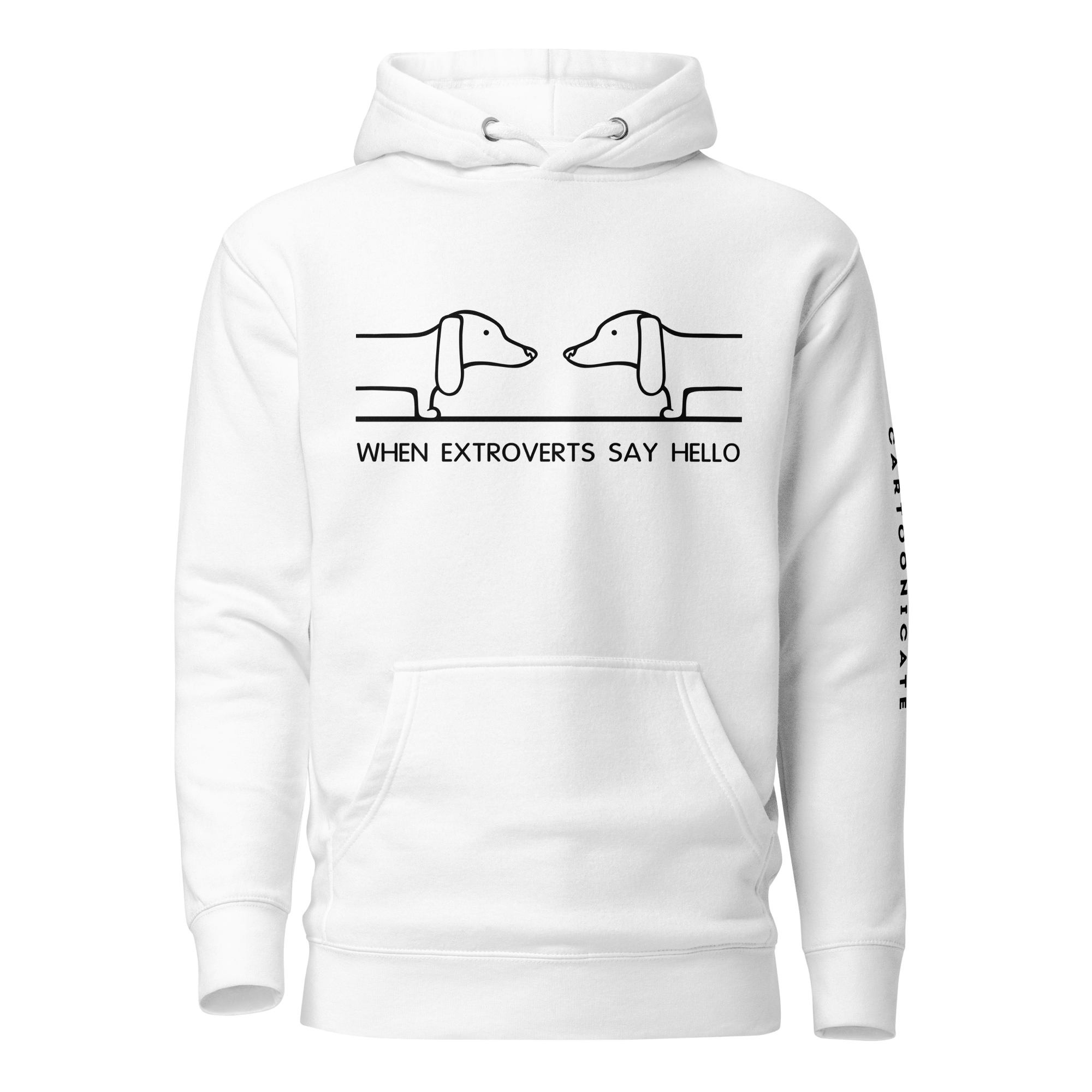 cartoon drawing of dachshund on white hoodie