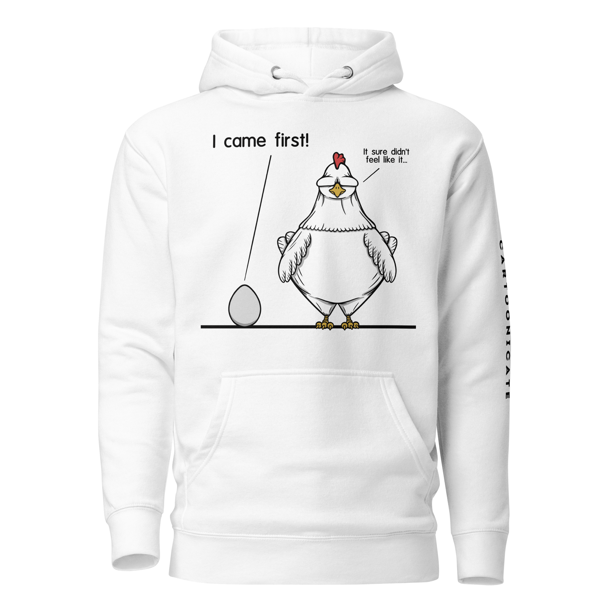 drawing of chick and egg in cartoon style on white hoodie