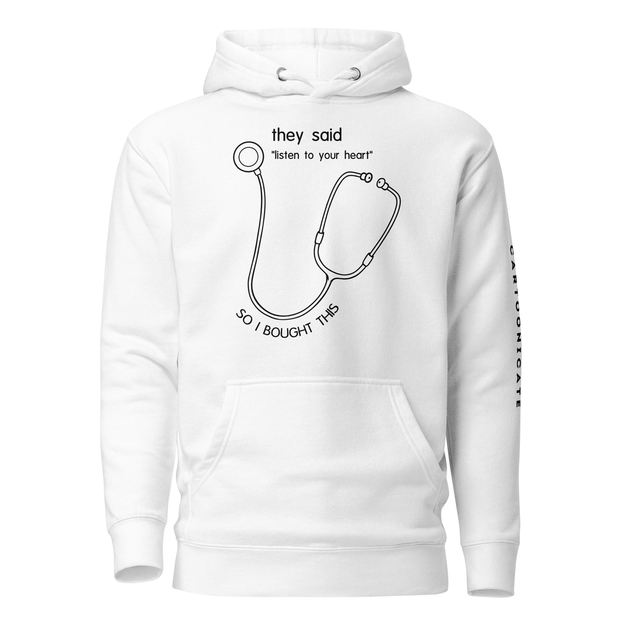 cartoon stethoscope humor on white hoodie