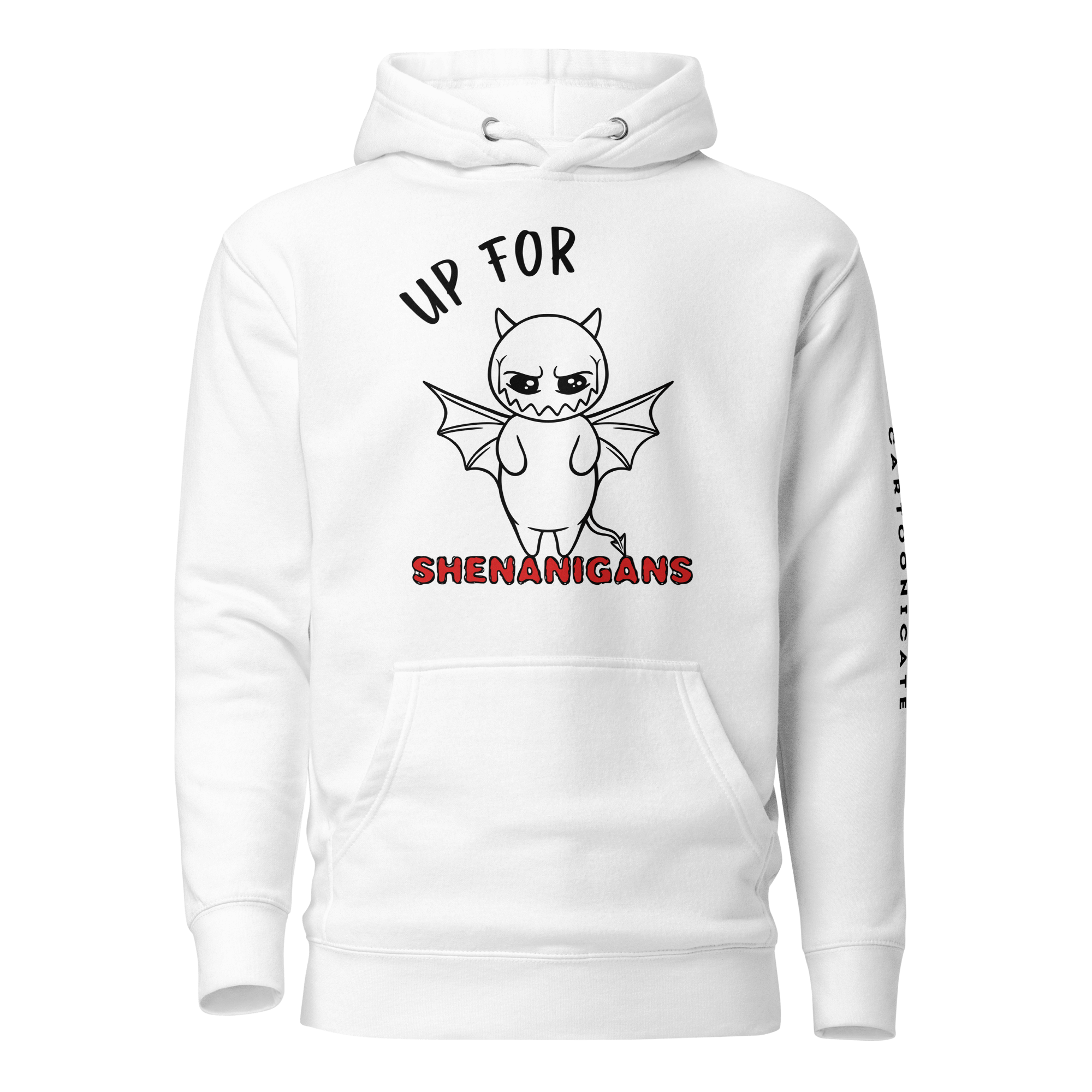 cartoon devil sketch on white hoodie