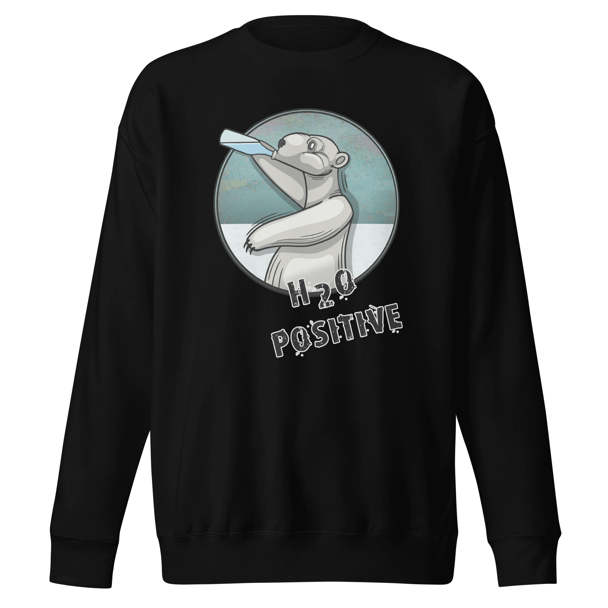 Black sweater with a cool cartoon polar bear drinking water