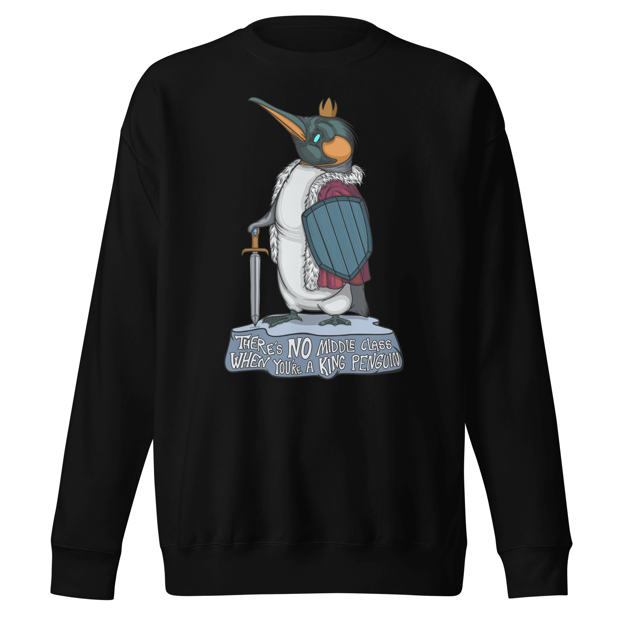 funny king penguin in cartoon style on black sweater