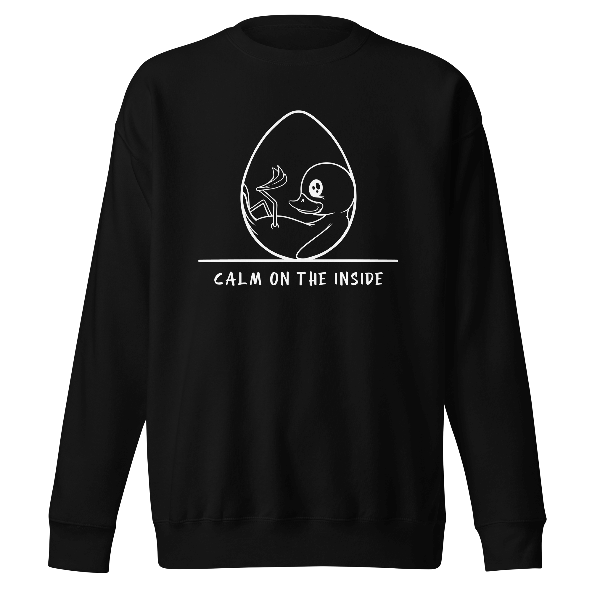 cartoon duck in an egg on black sweater