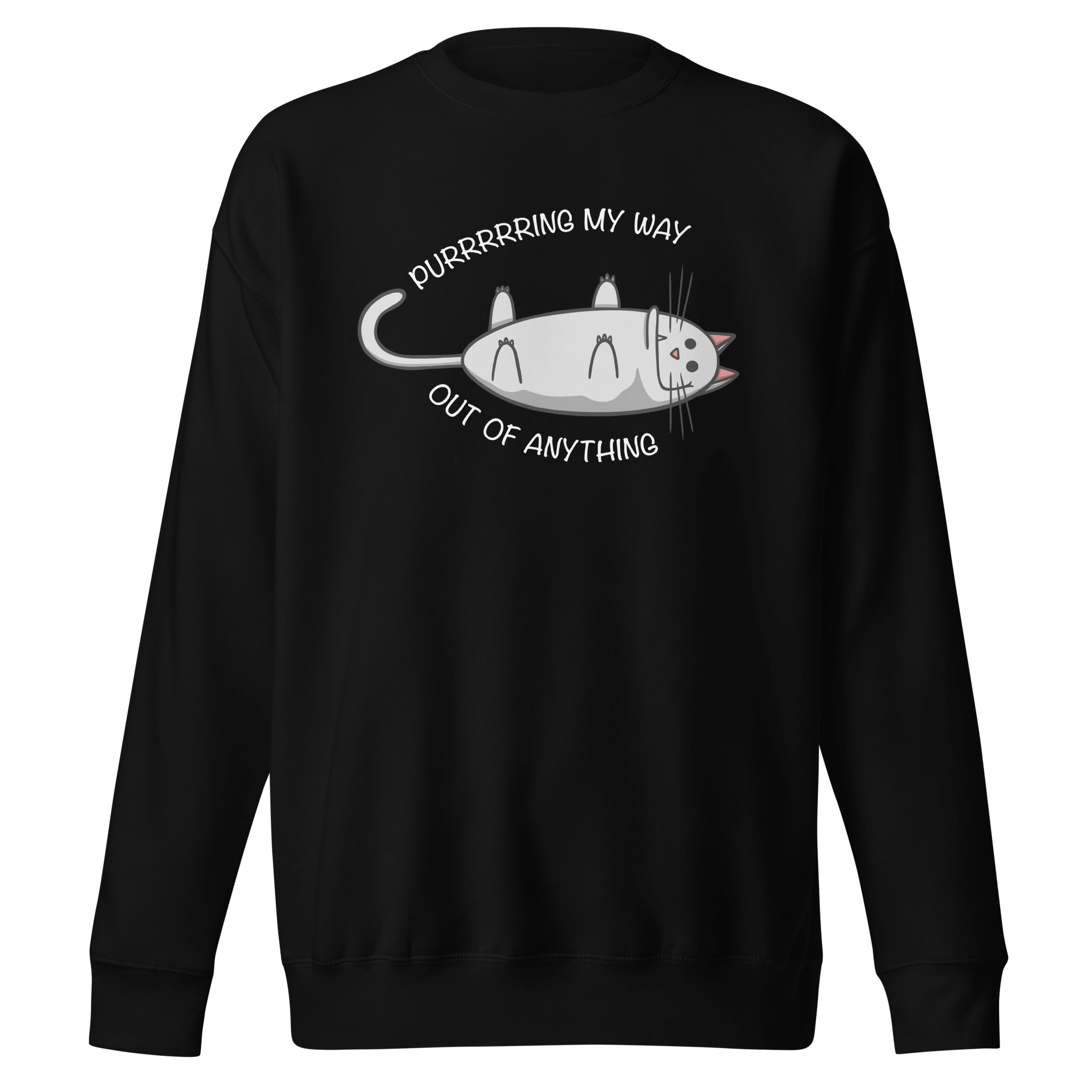 black sweater with a cute cartoon cat purring