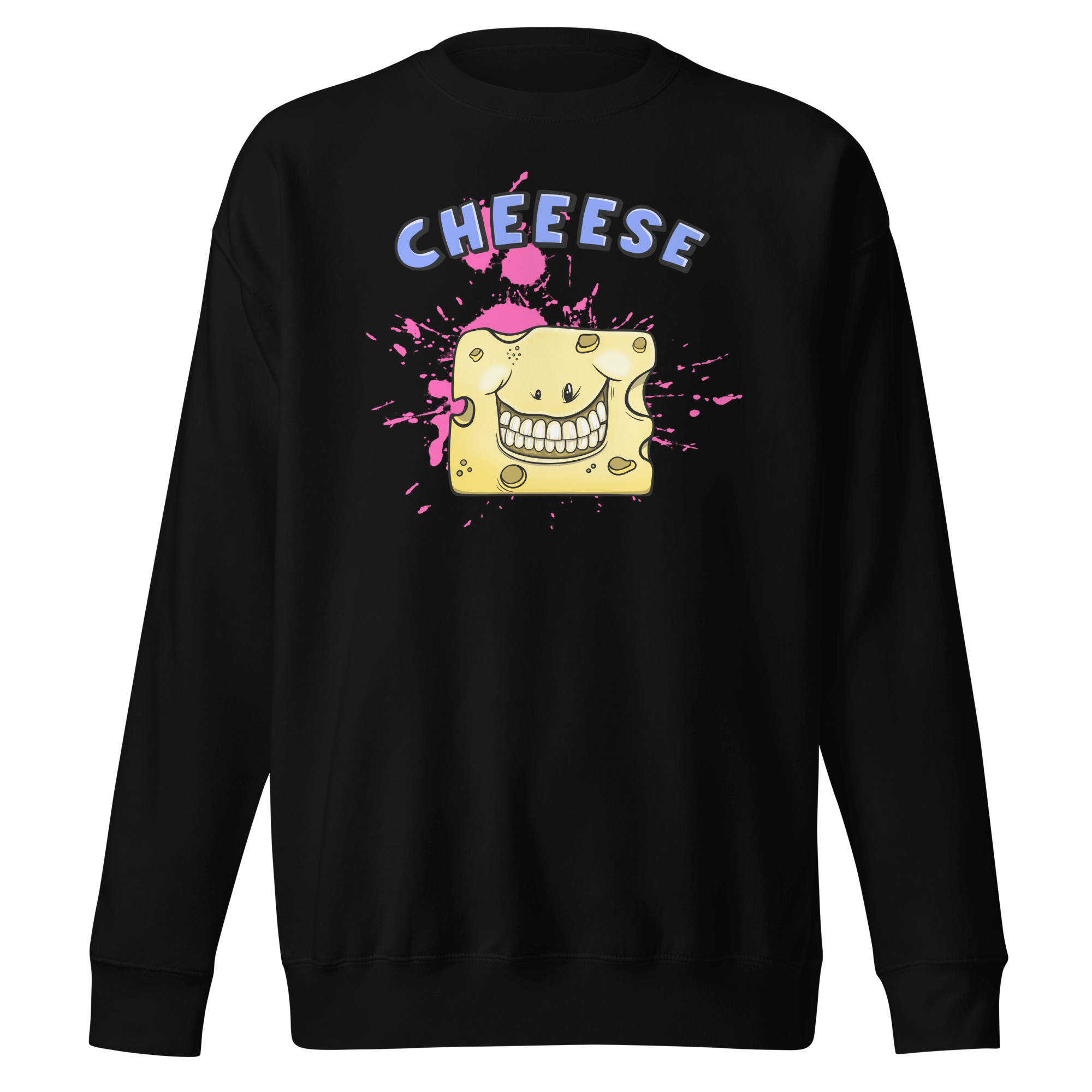 black sweater with a happy cheese in cartoon style