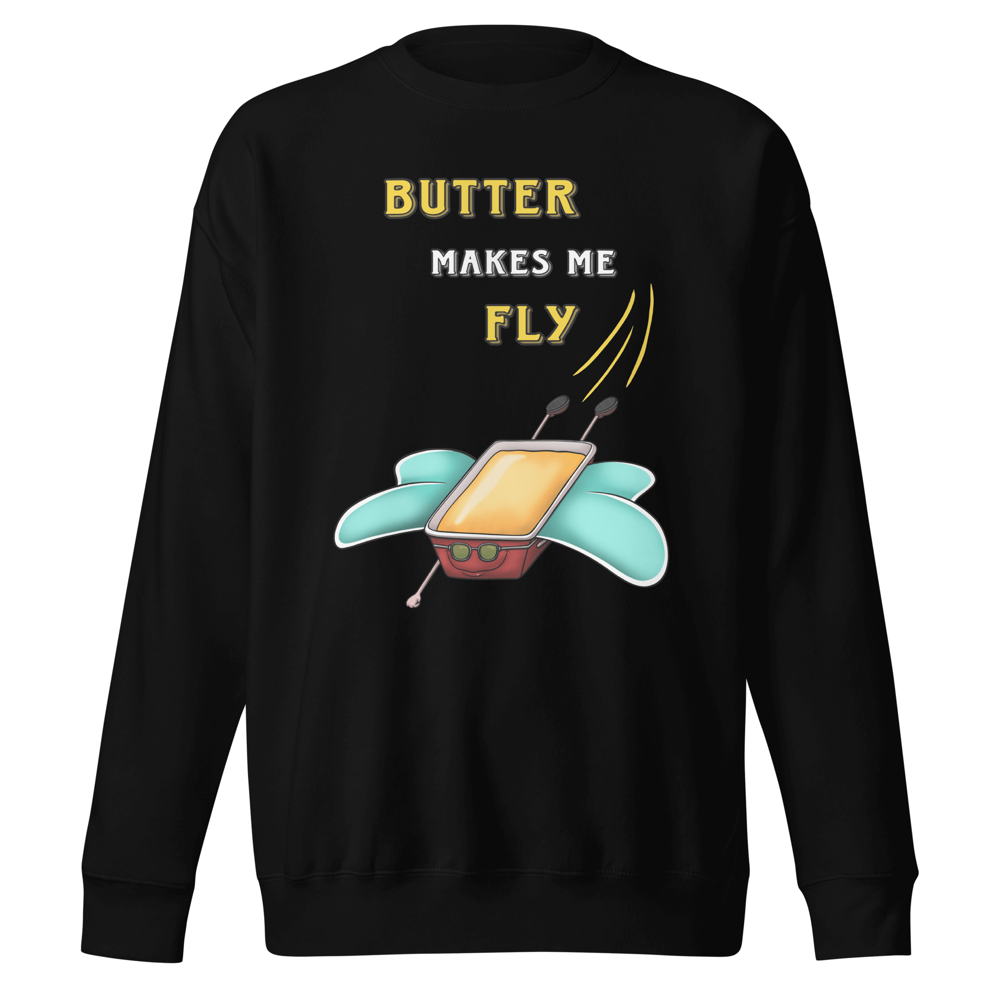 black sweater with funny drawing of butter flying with wings in cartoon style