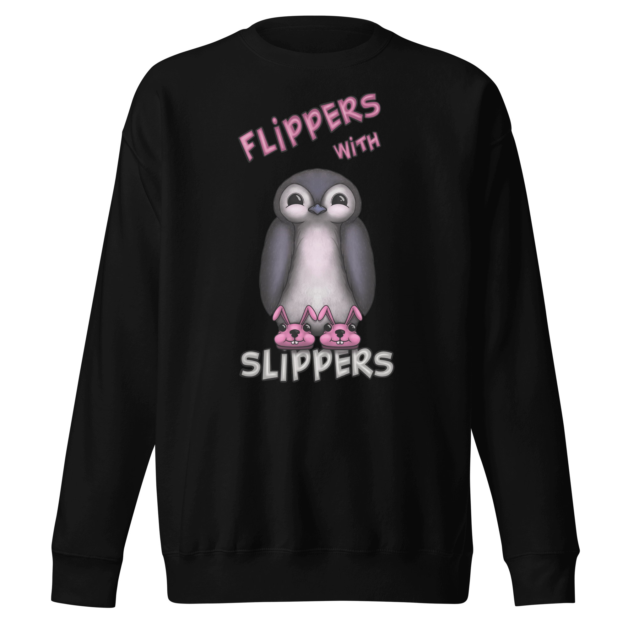 cute cartoon penguin with pink bunny slippers on black sweater