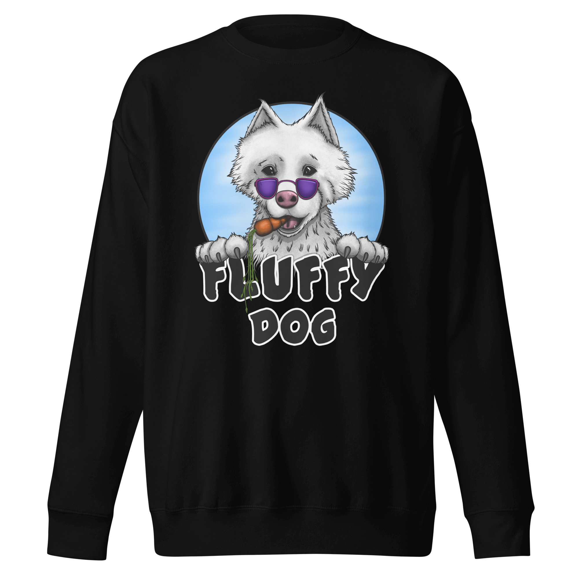 black sweater with cute samoyed dog and a carrot