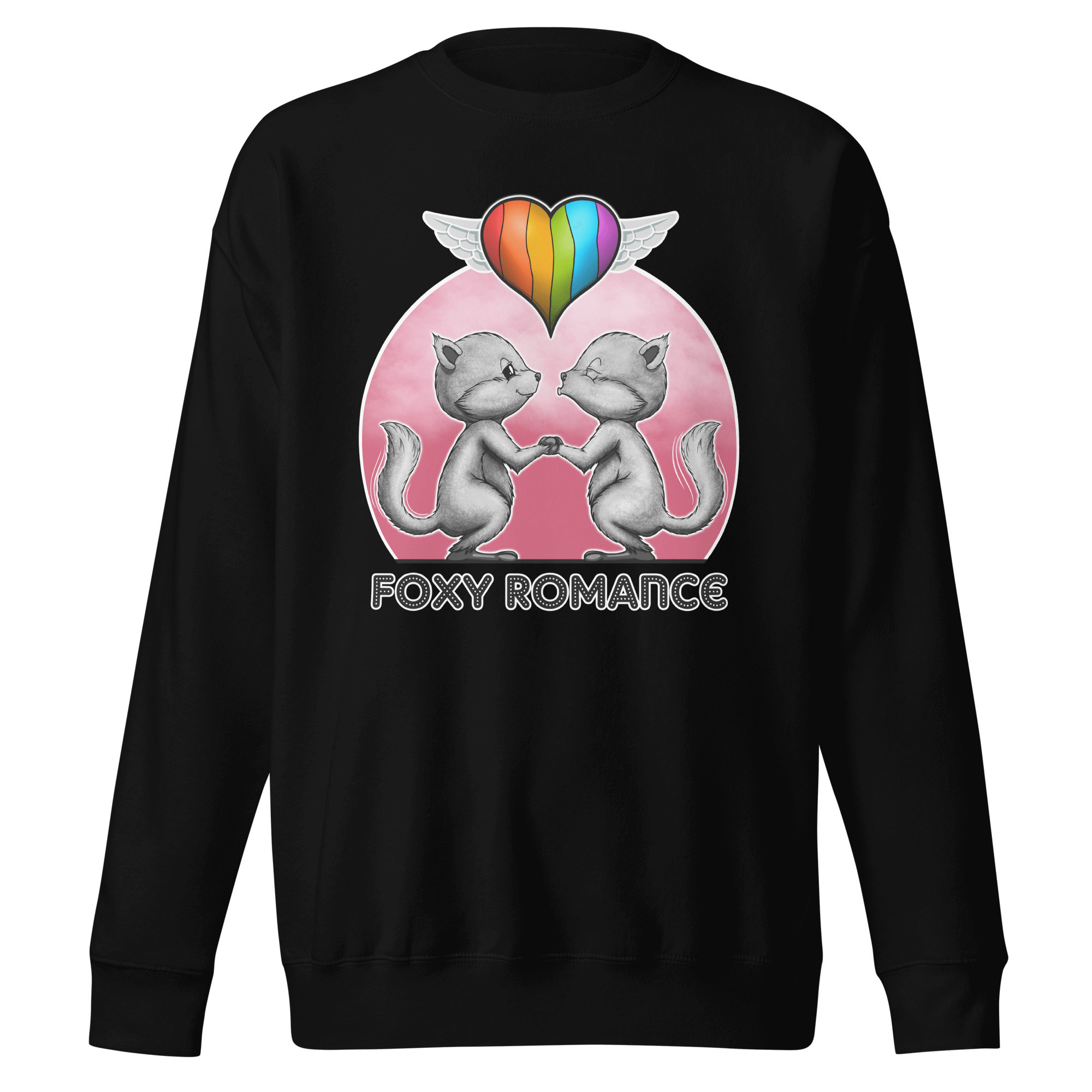 black sweatshirt with cute foxes and pride flag balloon