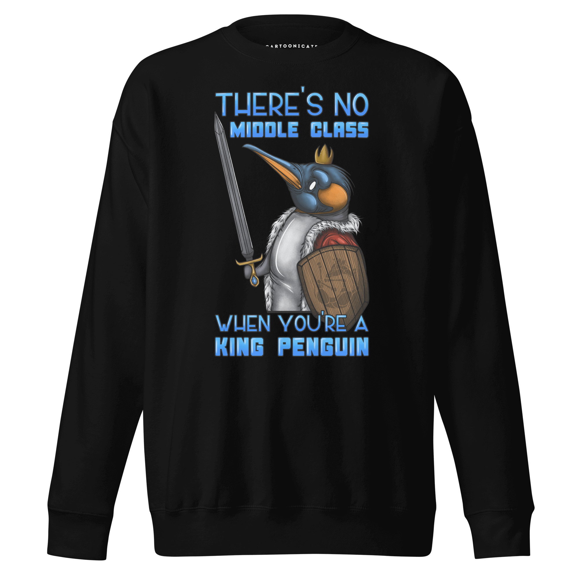 funny king penguin in cartoon style on black sweater