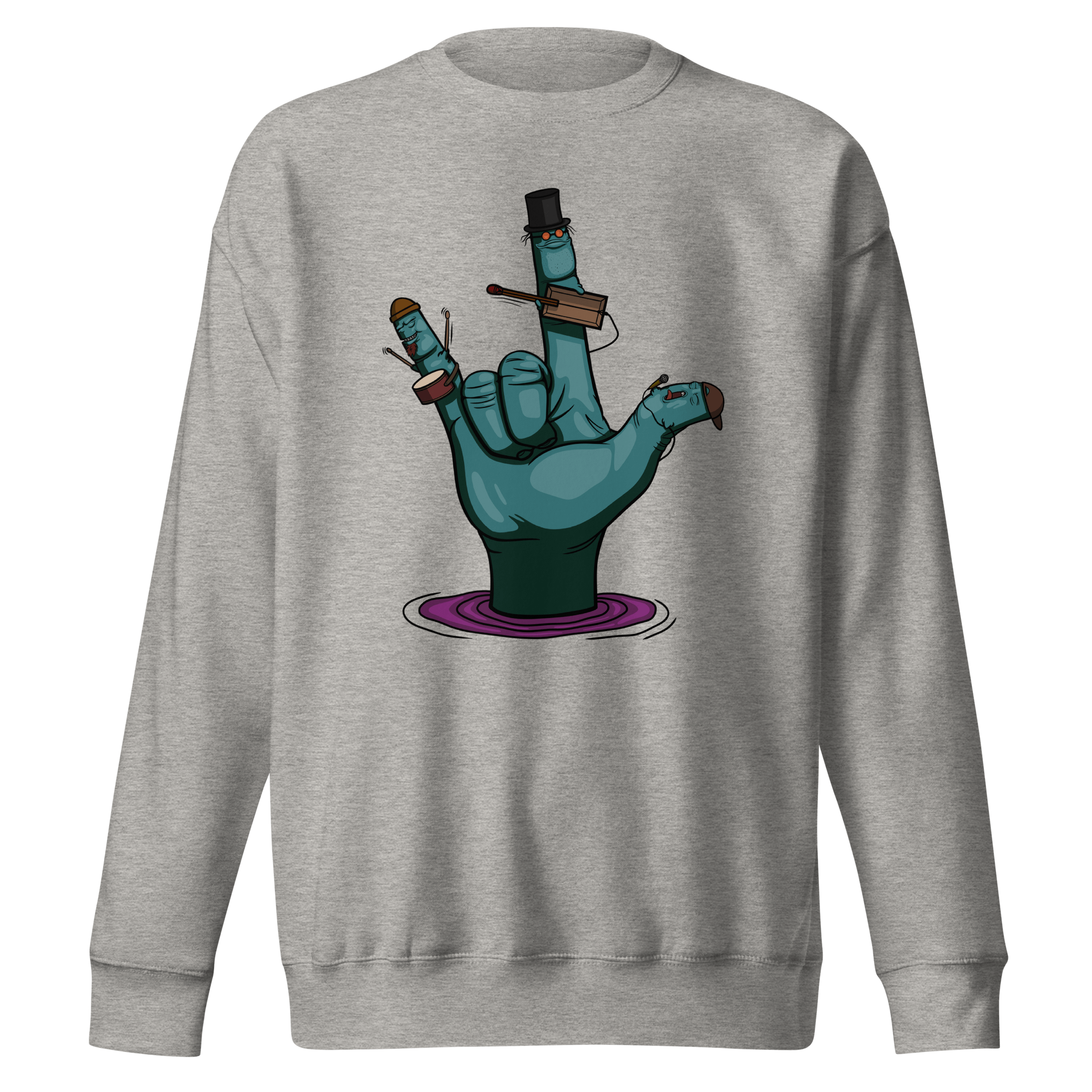 cool rock and roll cartoon hand on grey sweater