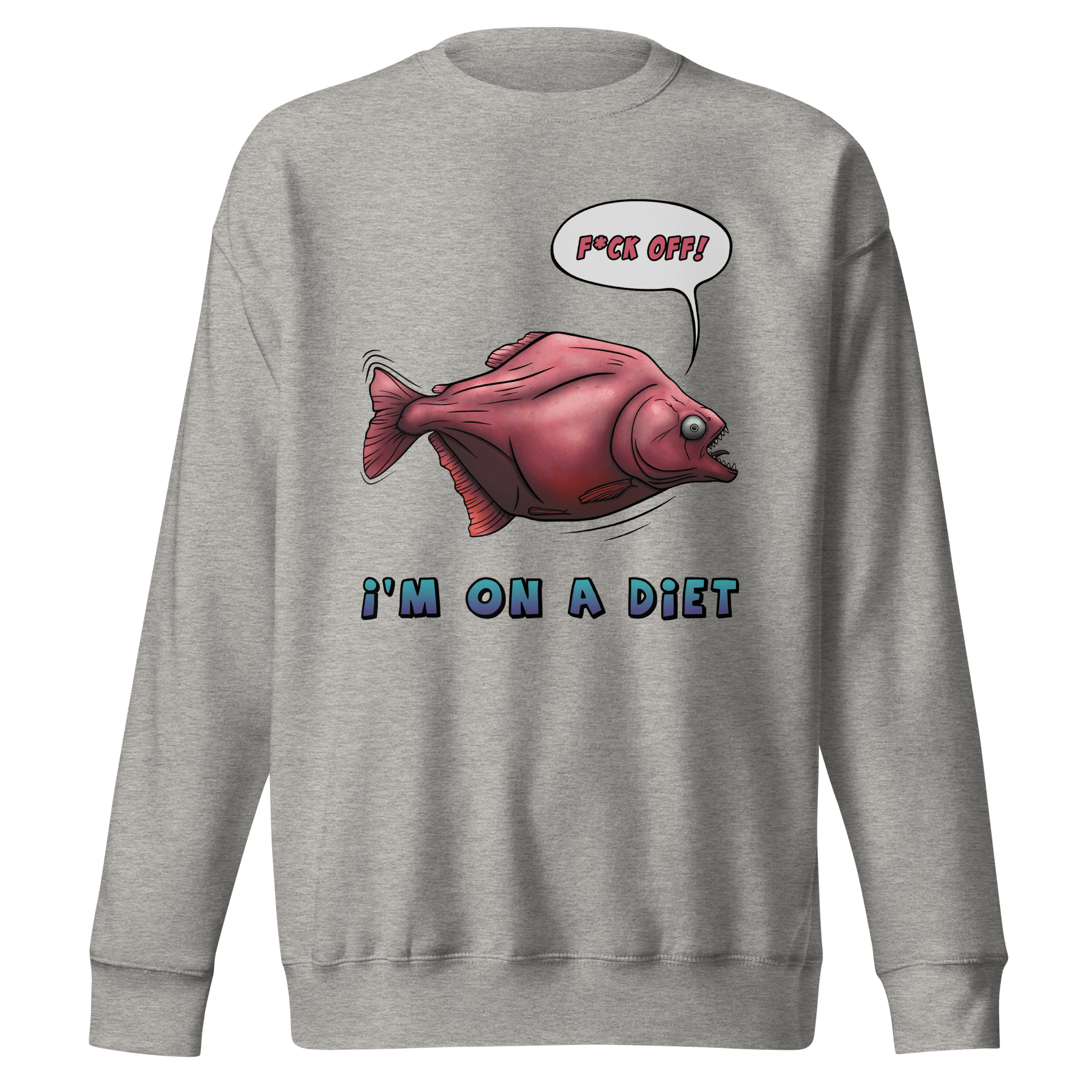 Hungry cartoon piranha on a diet grey sweatshirt