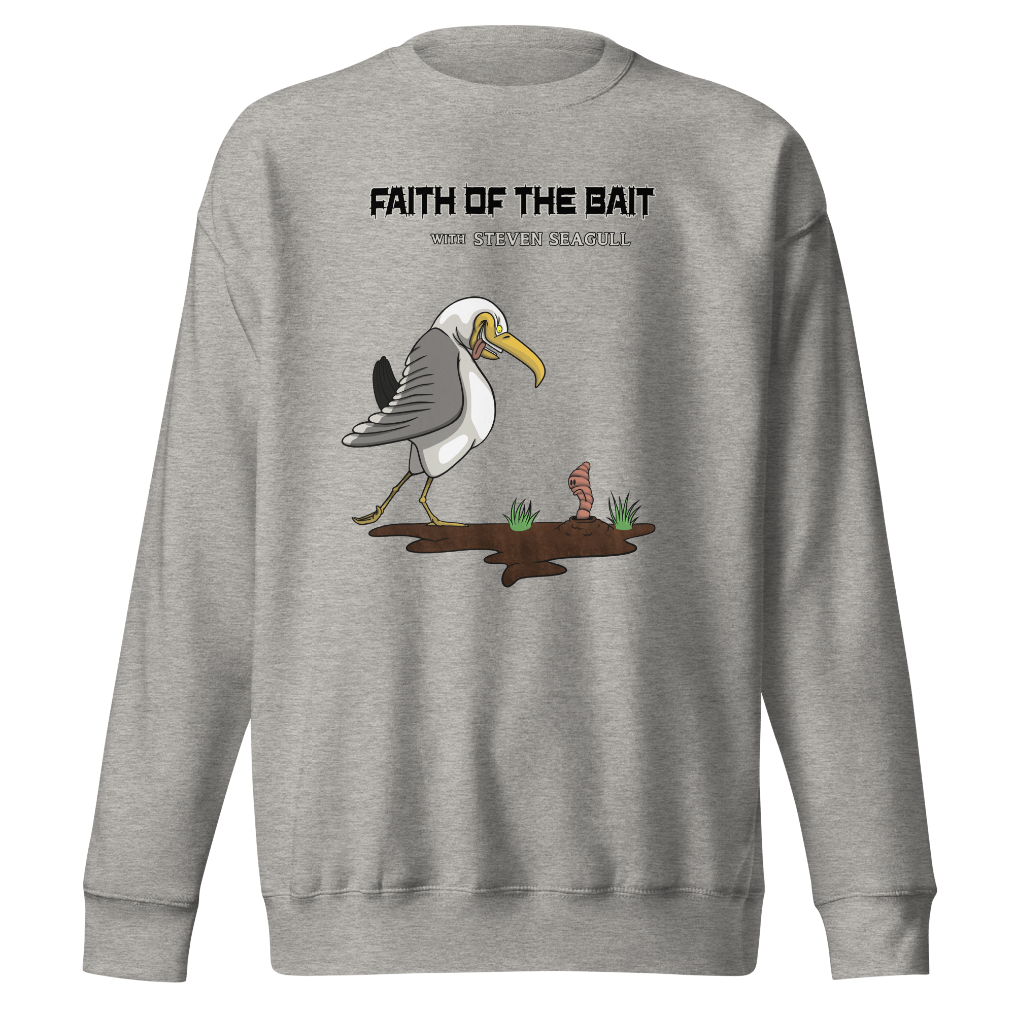 Funny cartoon seagull on grey sweater