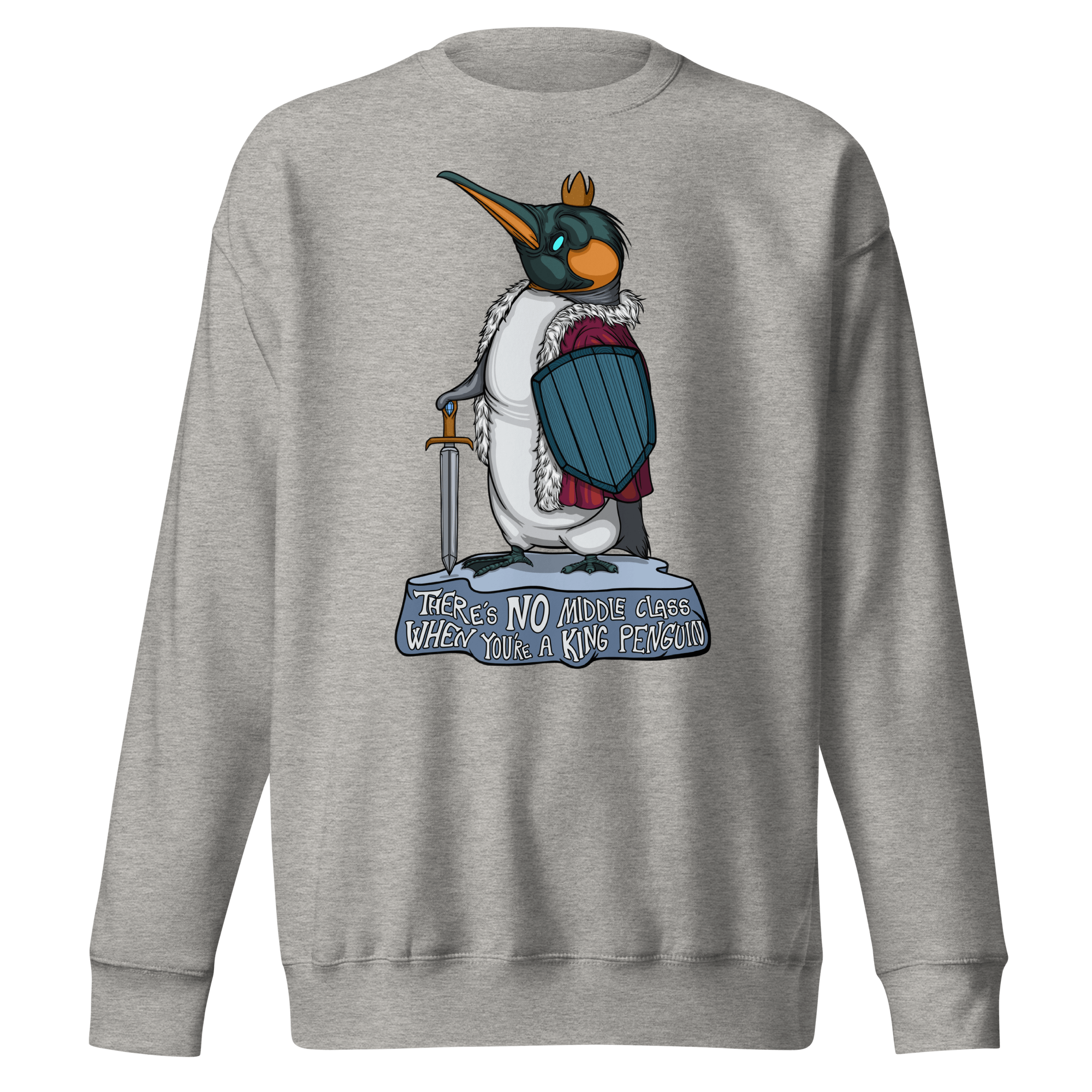 cool cartoon king penguin with a crown on grey sweatshirt