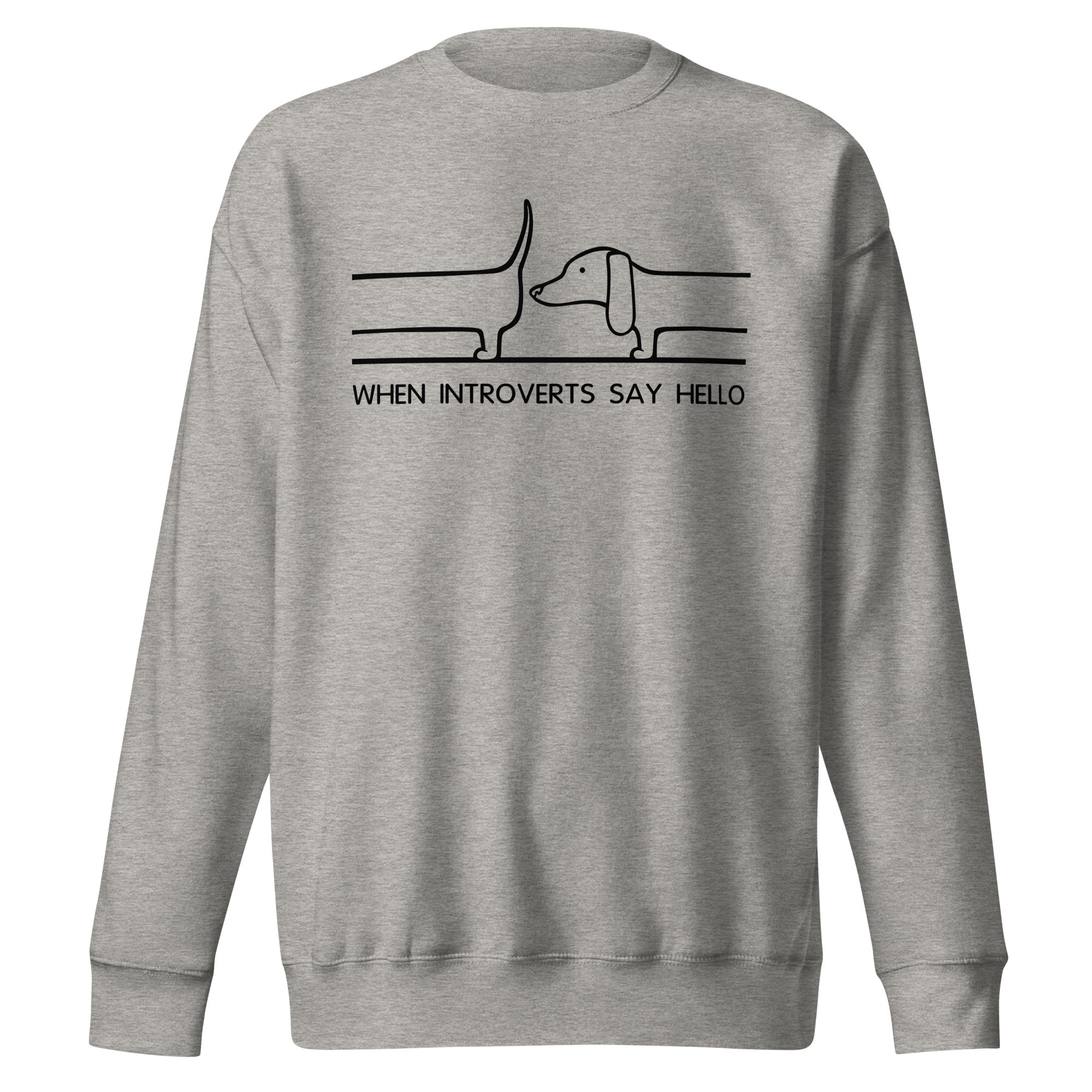 grey sweatshirt with cartoon dachshund saying hello