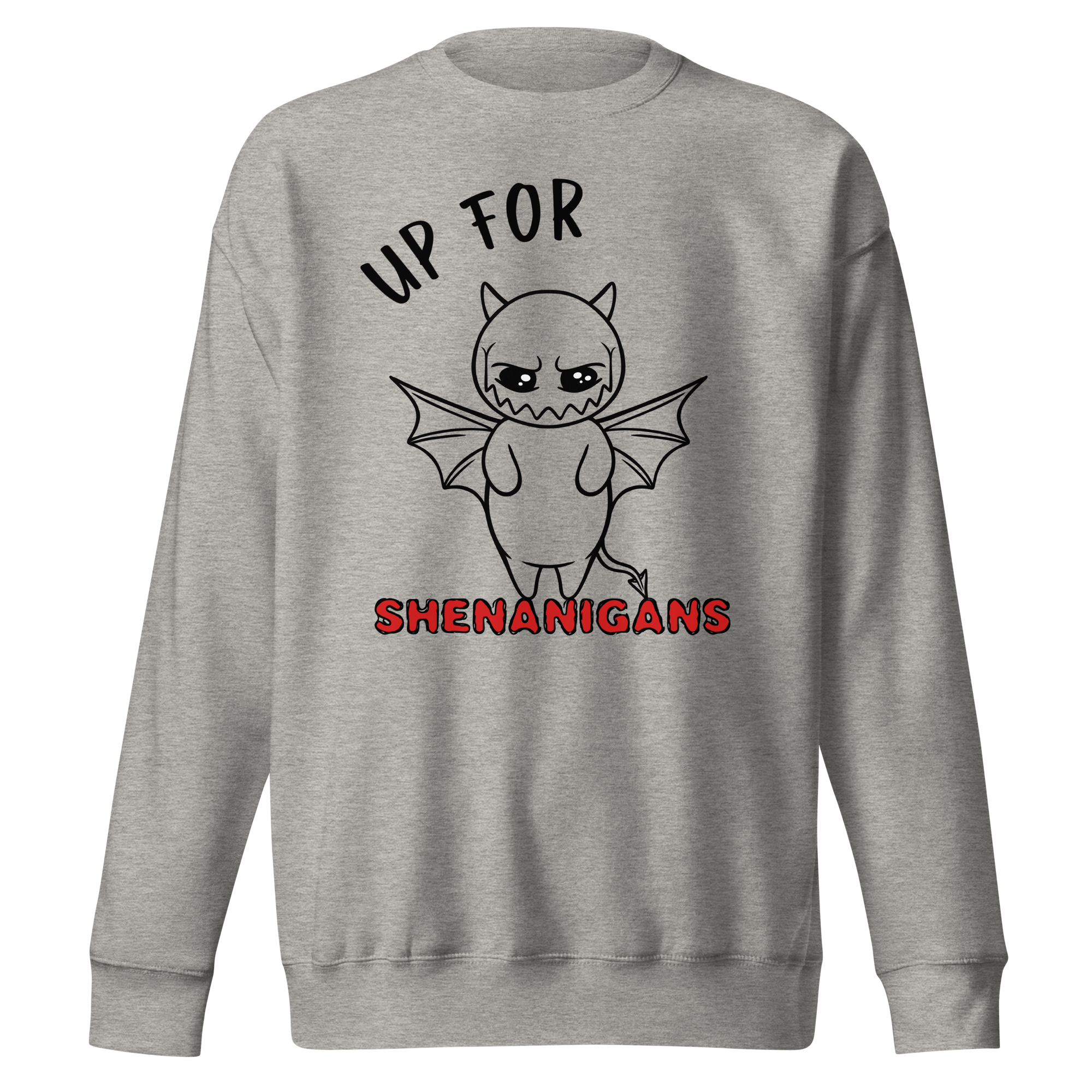 cartoon devil drawing on grey sweatshirt