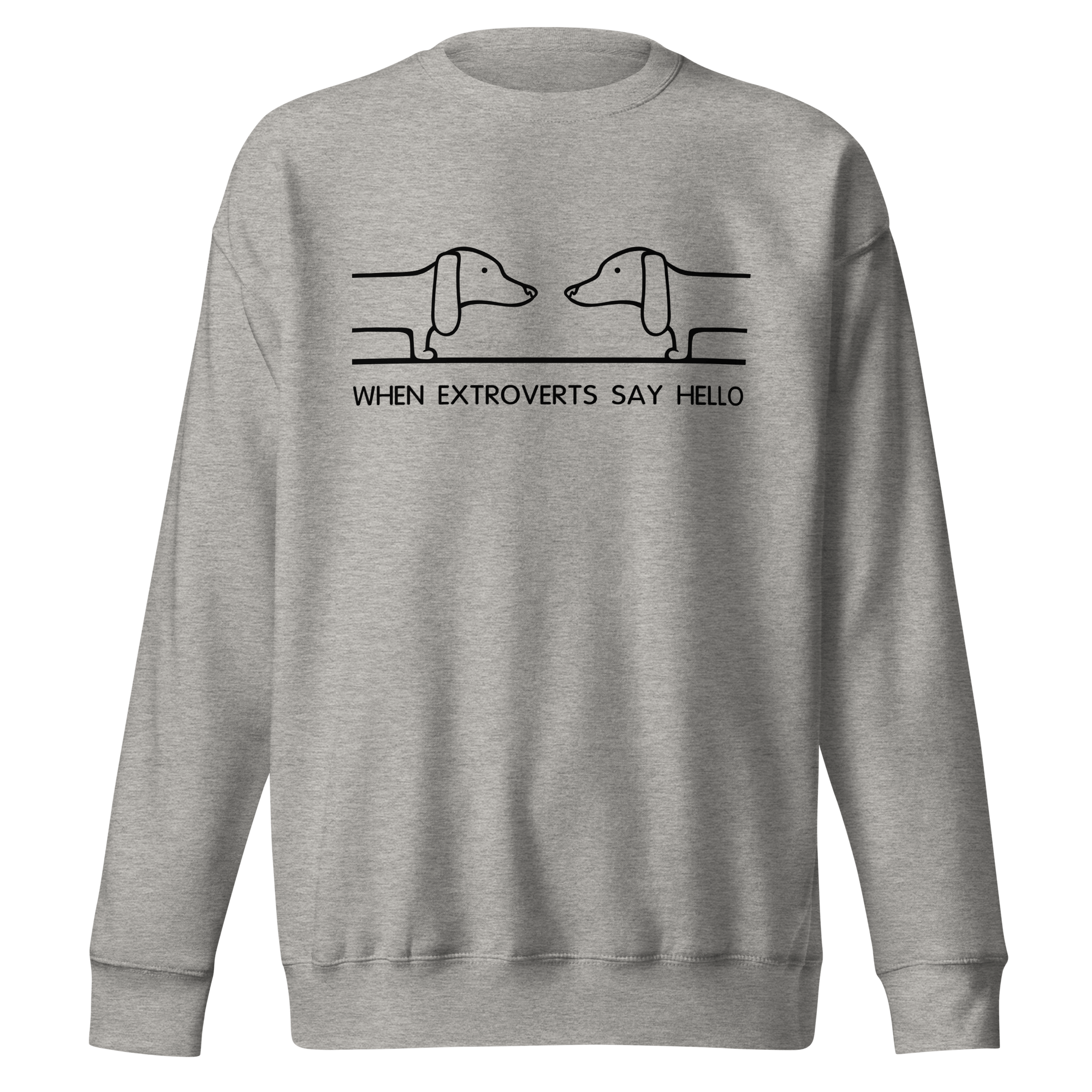 grey sweater with cartoon dachshund saying hello