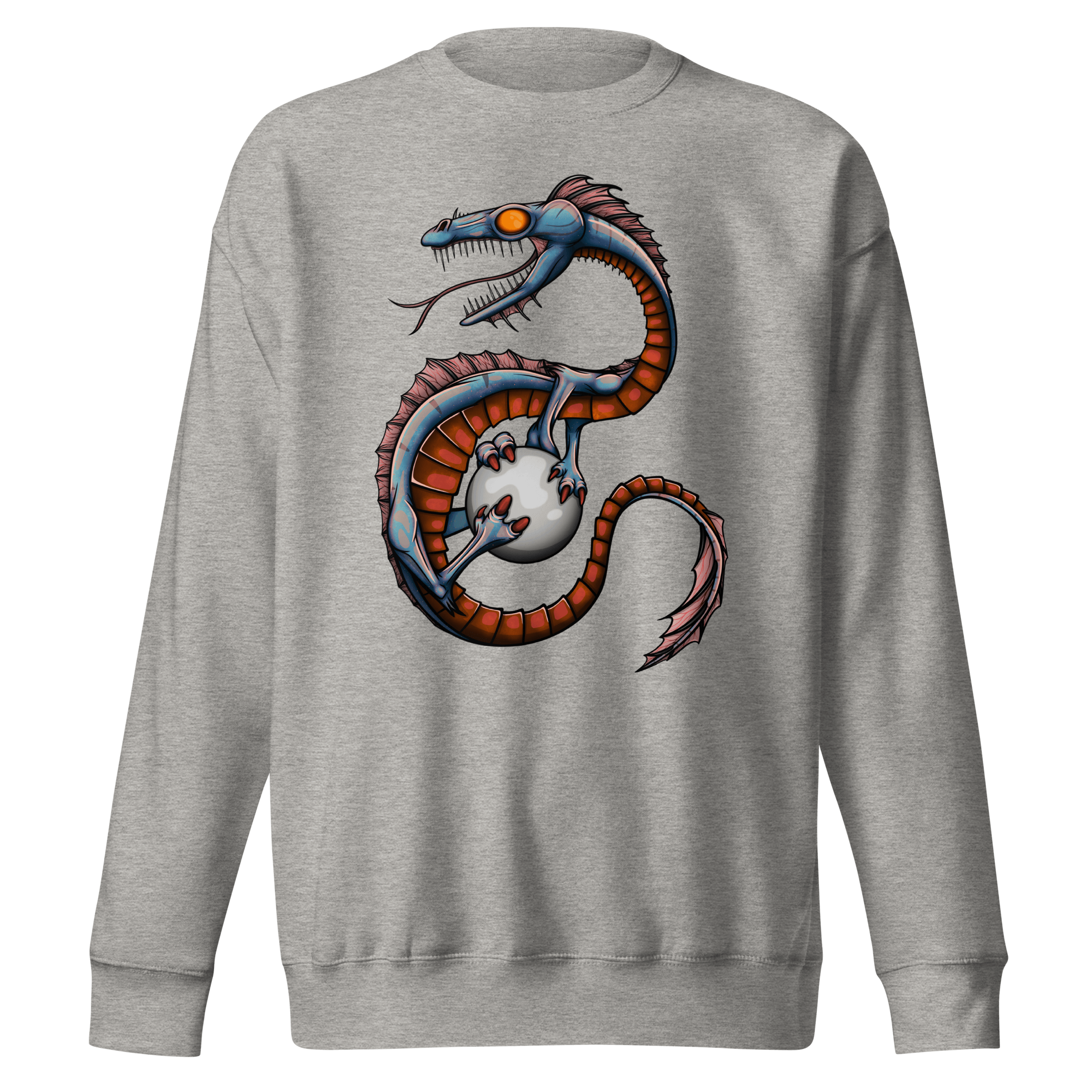 Grey sweater with cool blue cartoon dragon