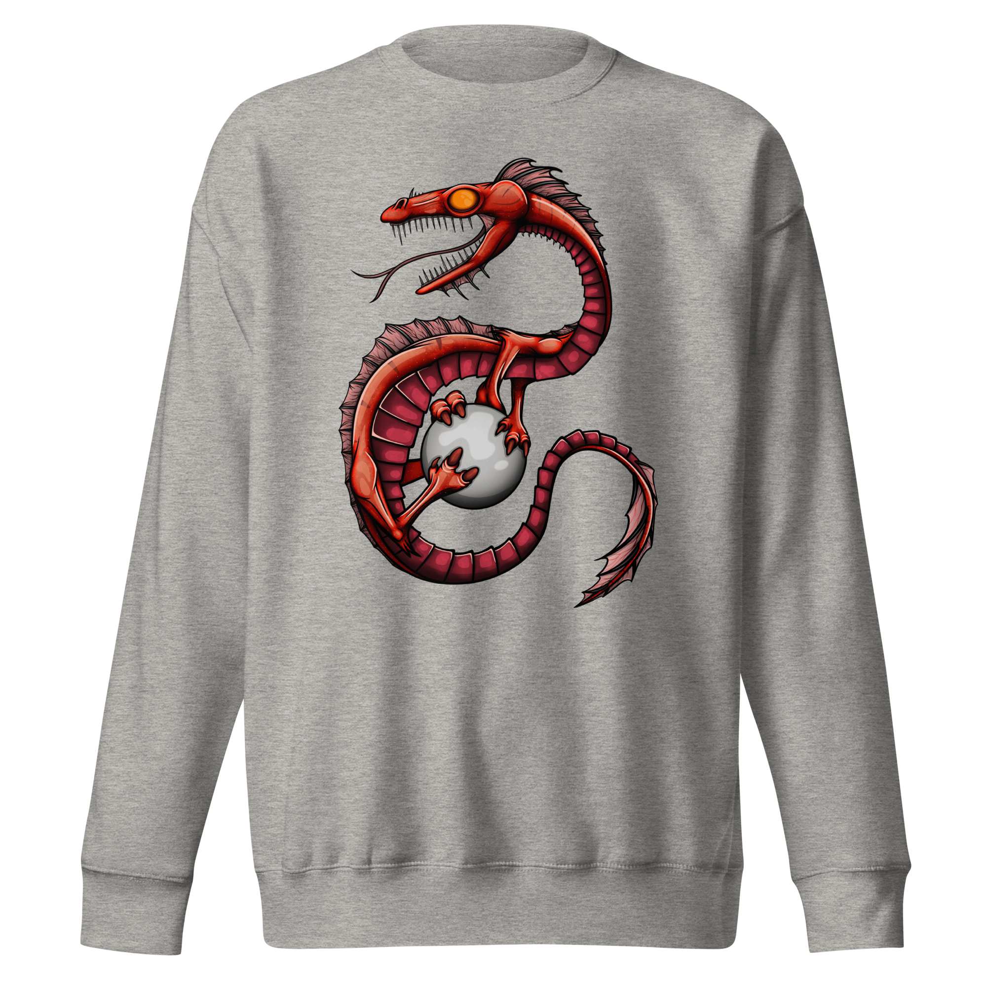 Grey sweater with cool red cartoon dragon