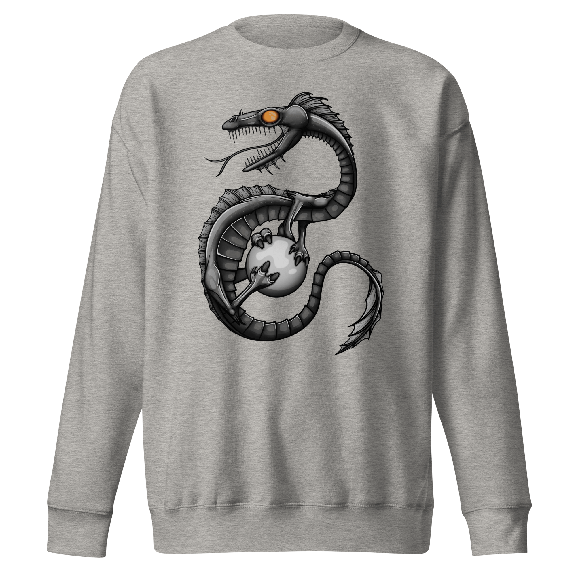 Grey sweater with cool grey cartoon dragon