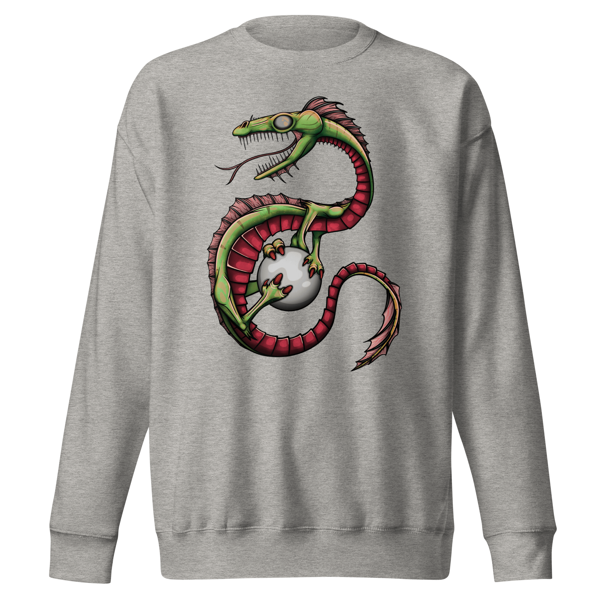 Grey sweater with cool green cartoon dragon