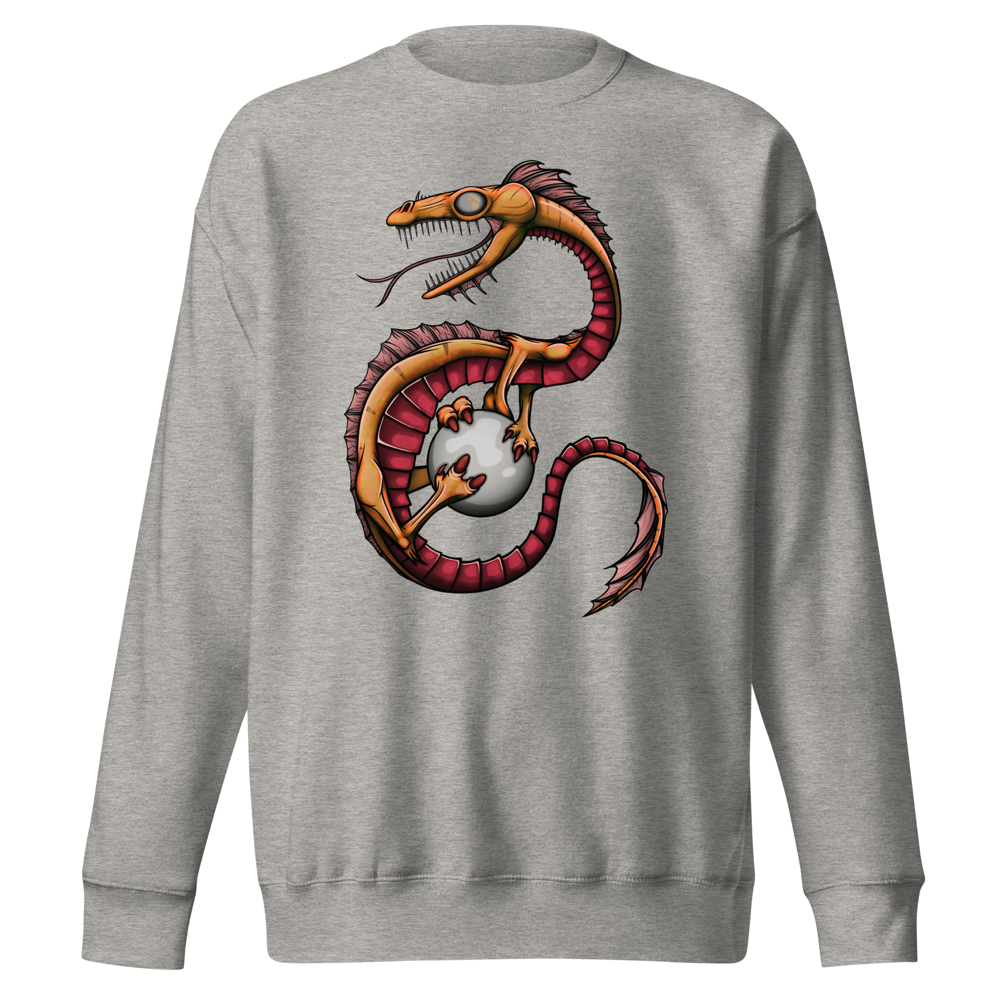 Grey sweater with cool yellow cartoon dragon