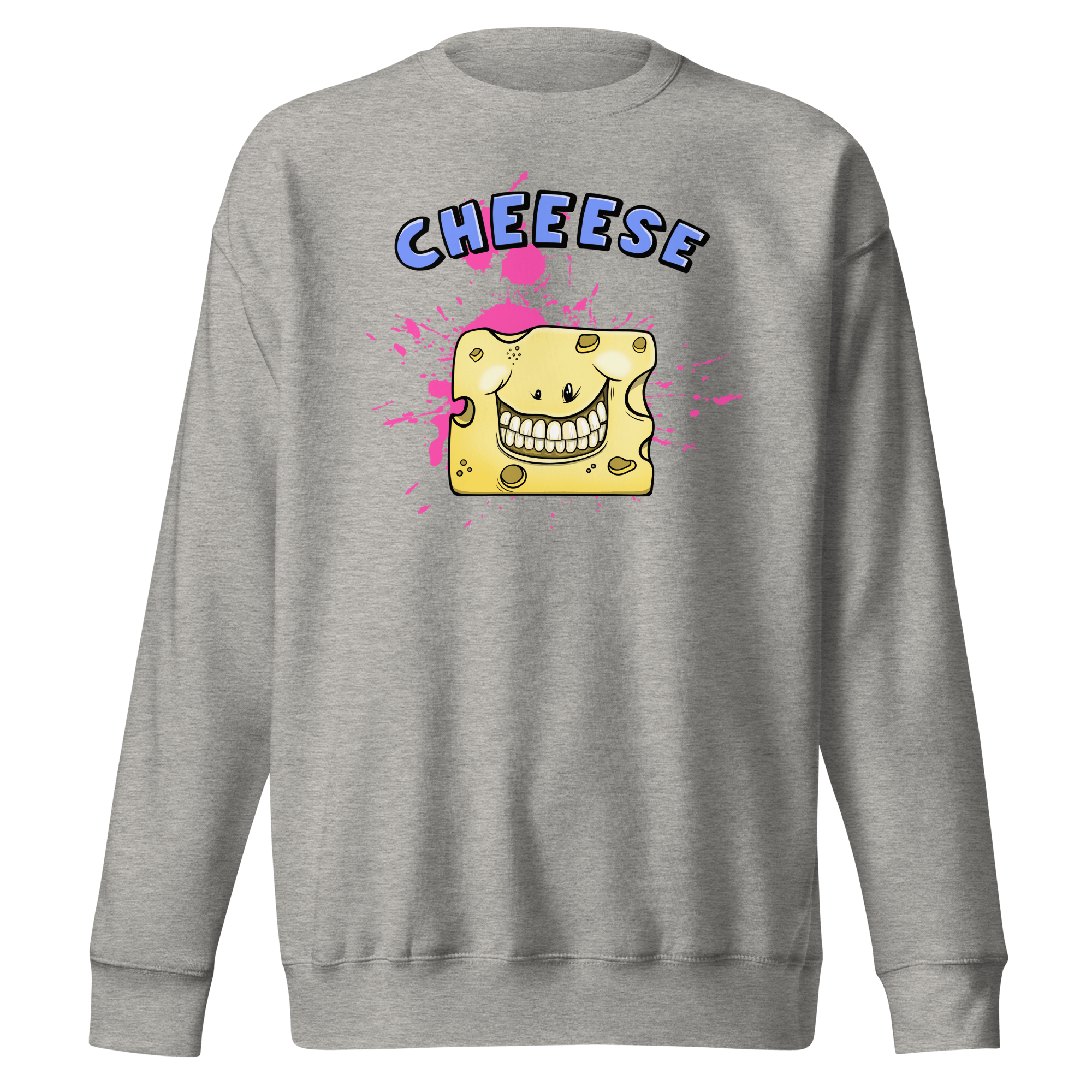 Happy smiling cartoon cheese on grey sweatshirt