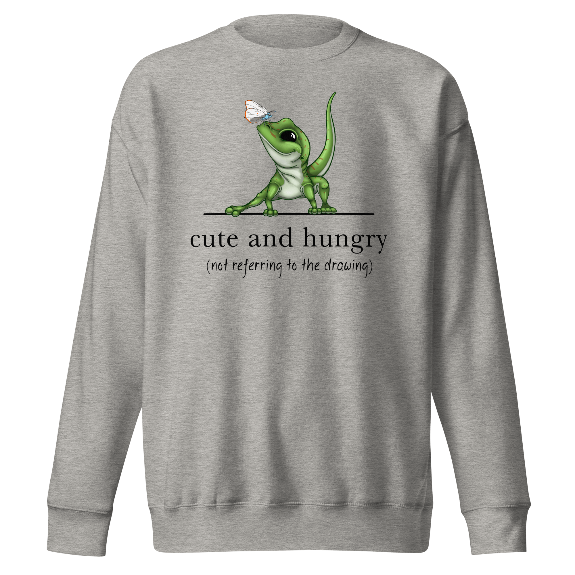 cute cartoon lizard and butterfly design on grey sweatshirt