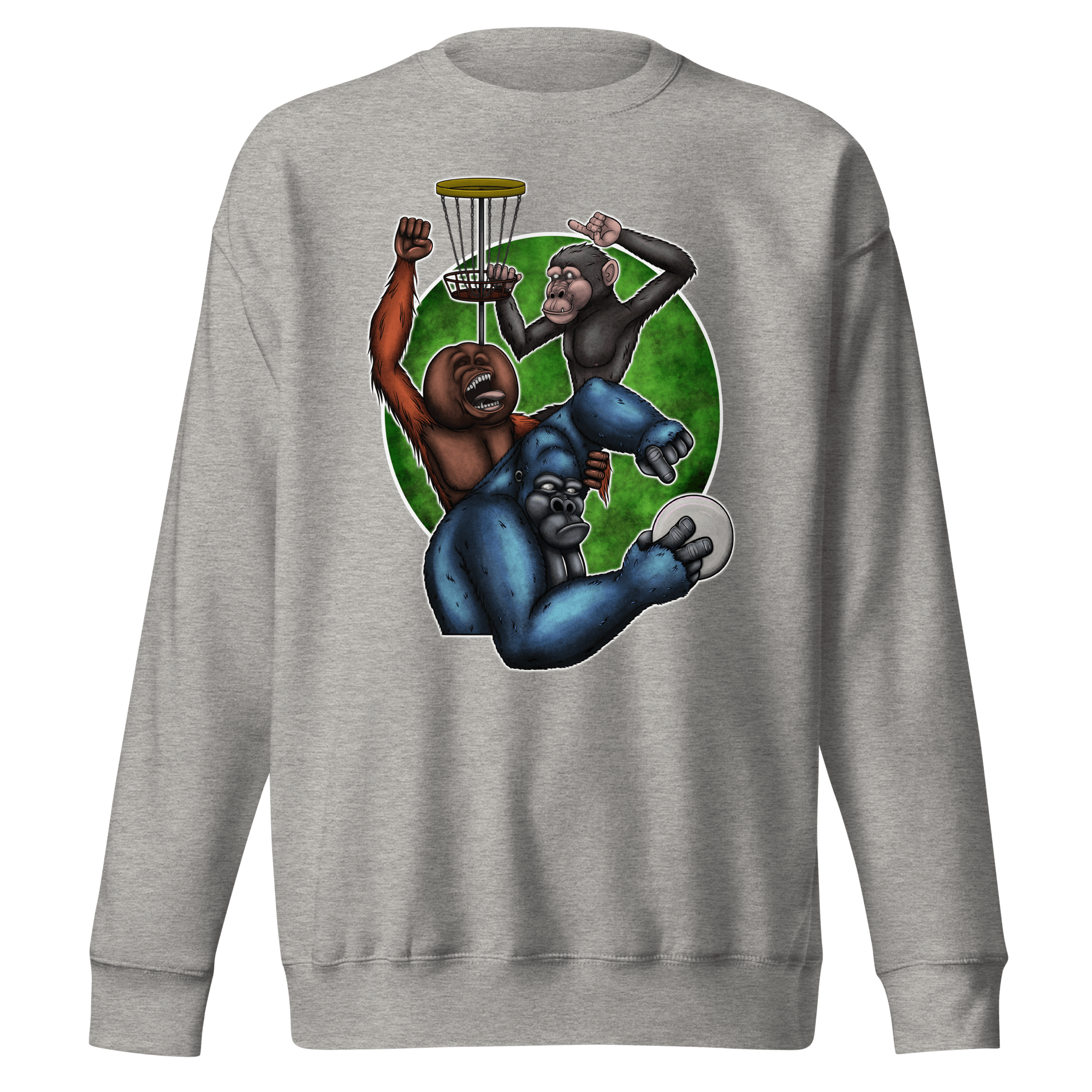 grey sweater with cool cartoon monkey drawing and disc golf