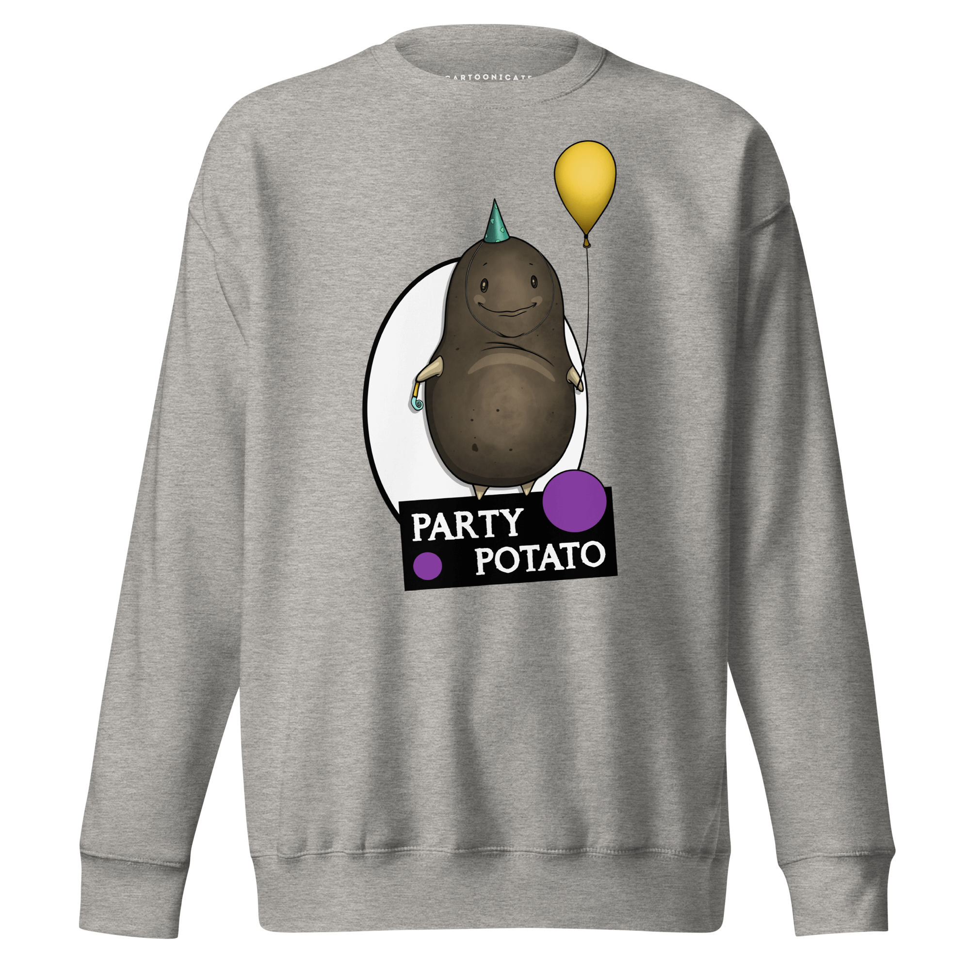 grey sweater with a cartoon potato and balloons