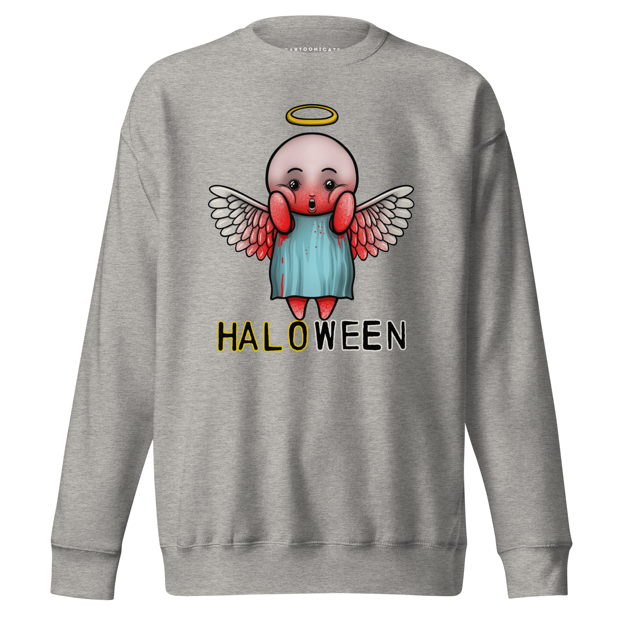 Halloween cartoon angel with halo on grey sweater