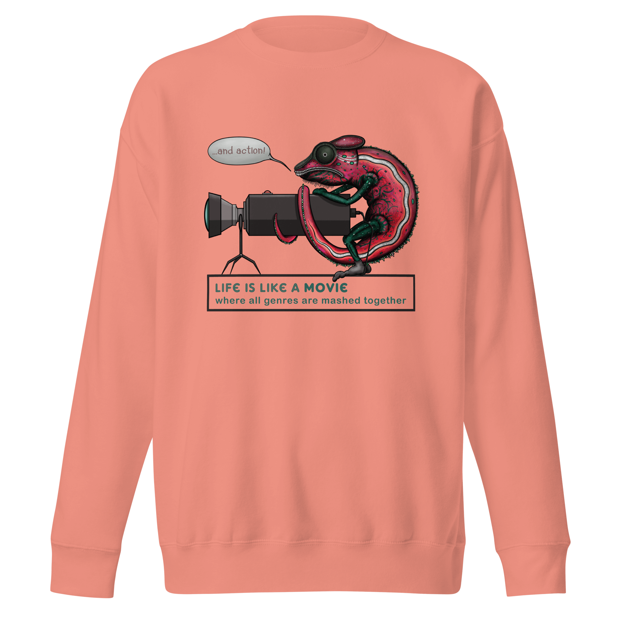 Chameleon with camera pink sweater