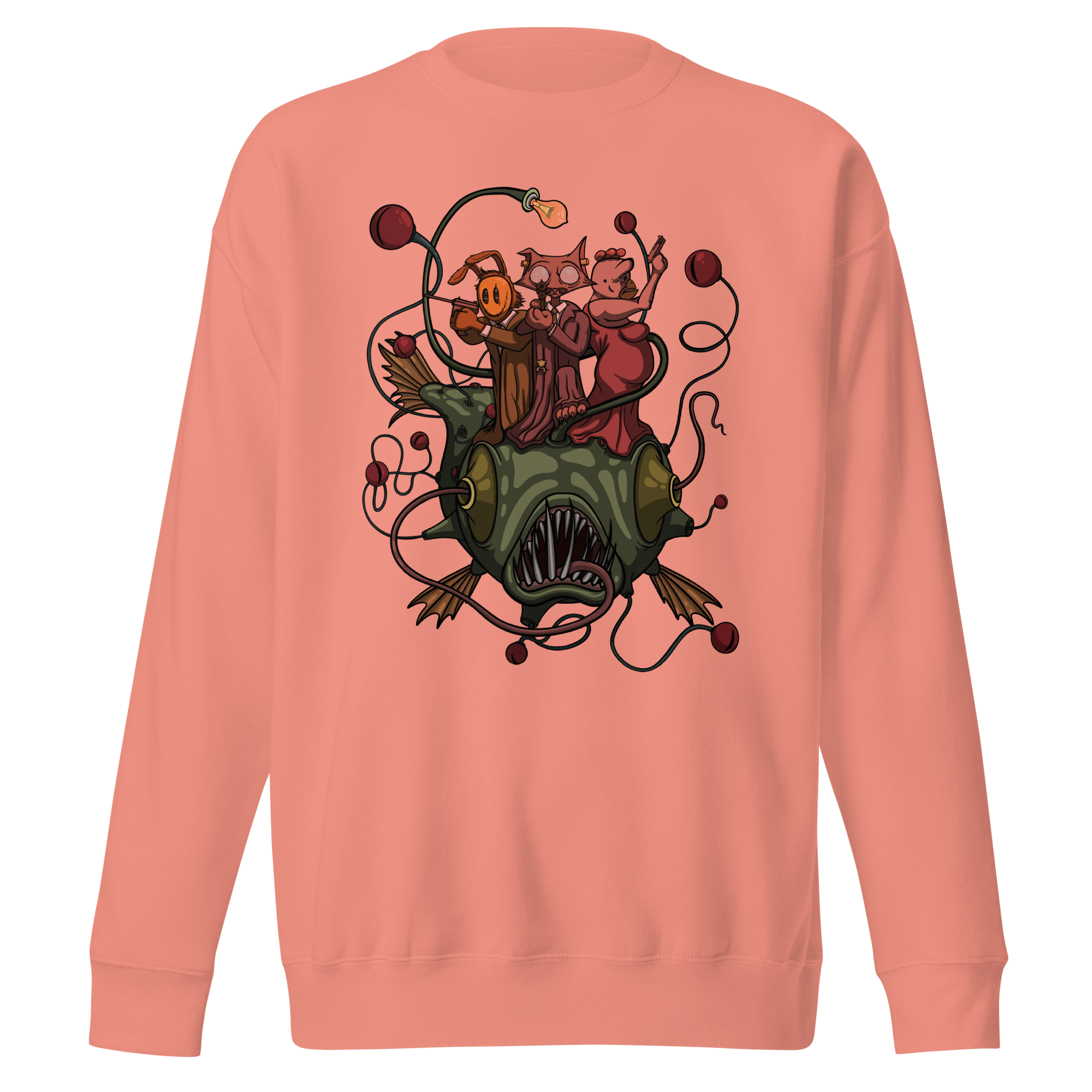 Cool cartoon drawing of green fish on pink sweater