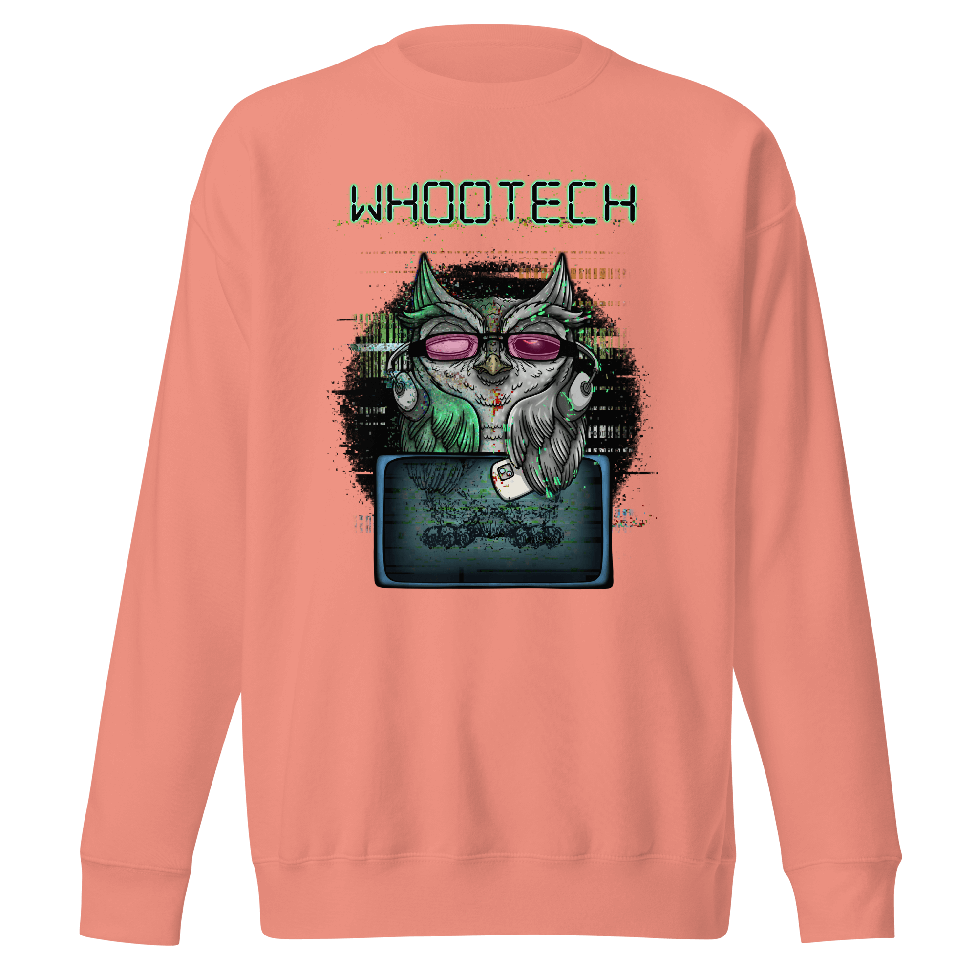 cool cartoon owl with glasses and remote control on pink sweater